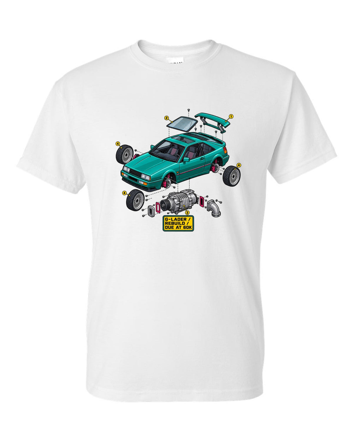 Exploded cutaway engine illustration of a VW Corrado G60 with G-Lader rebuild due at 60K text white t-shirt front view with the design