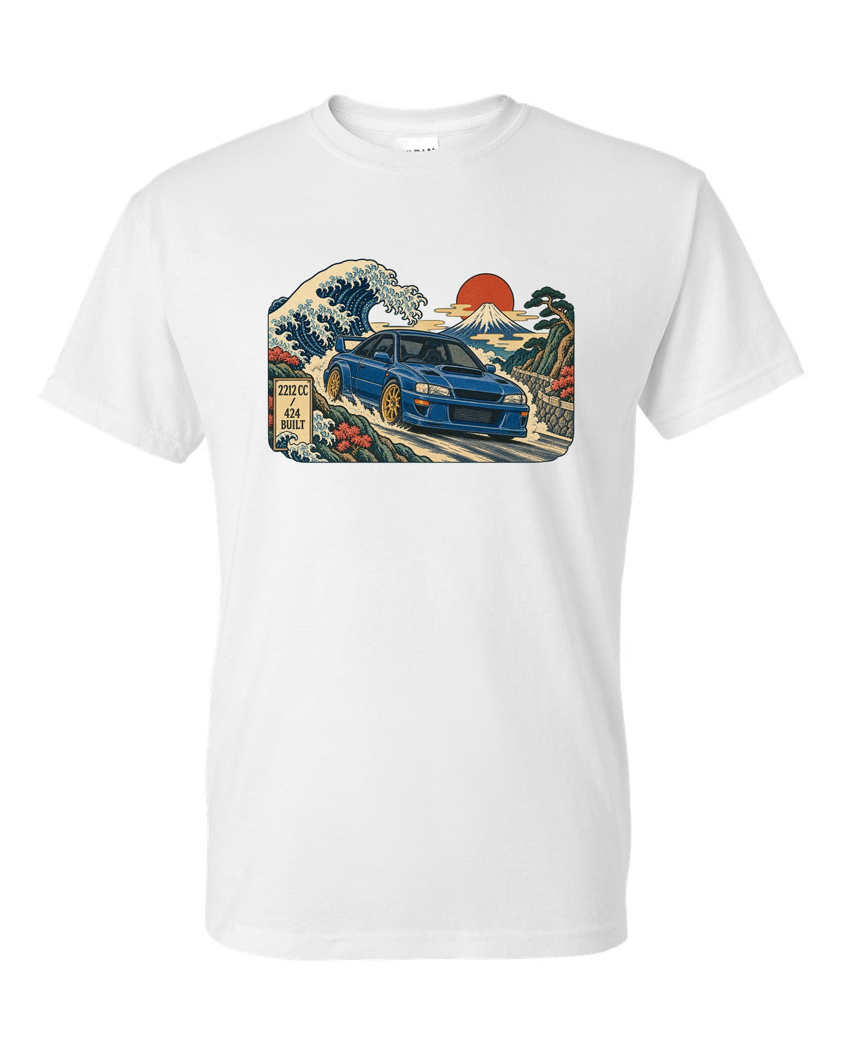 Ukiyo-e woodblock style Subaru Impreza 22B STI in front of a wave white t-shirt front view with the design