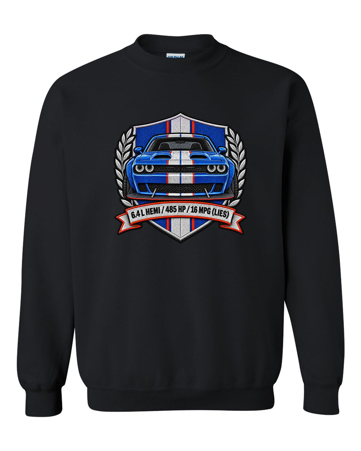 Embroidered shield patch design for a 2015 Dodge Challenger Scat Pack 392 Widebody with 6.4 L HEMI specs black crewneck front view with the design