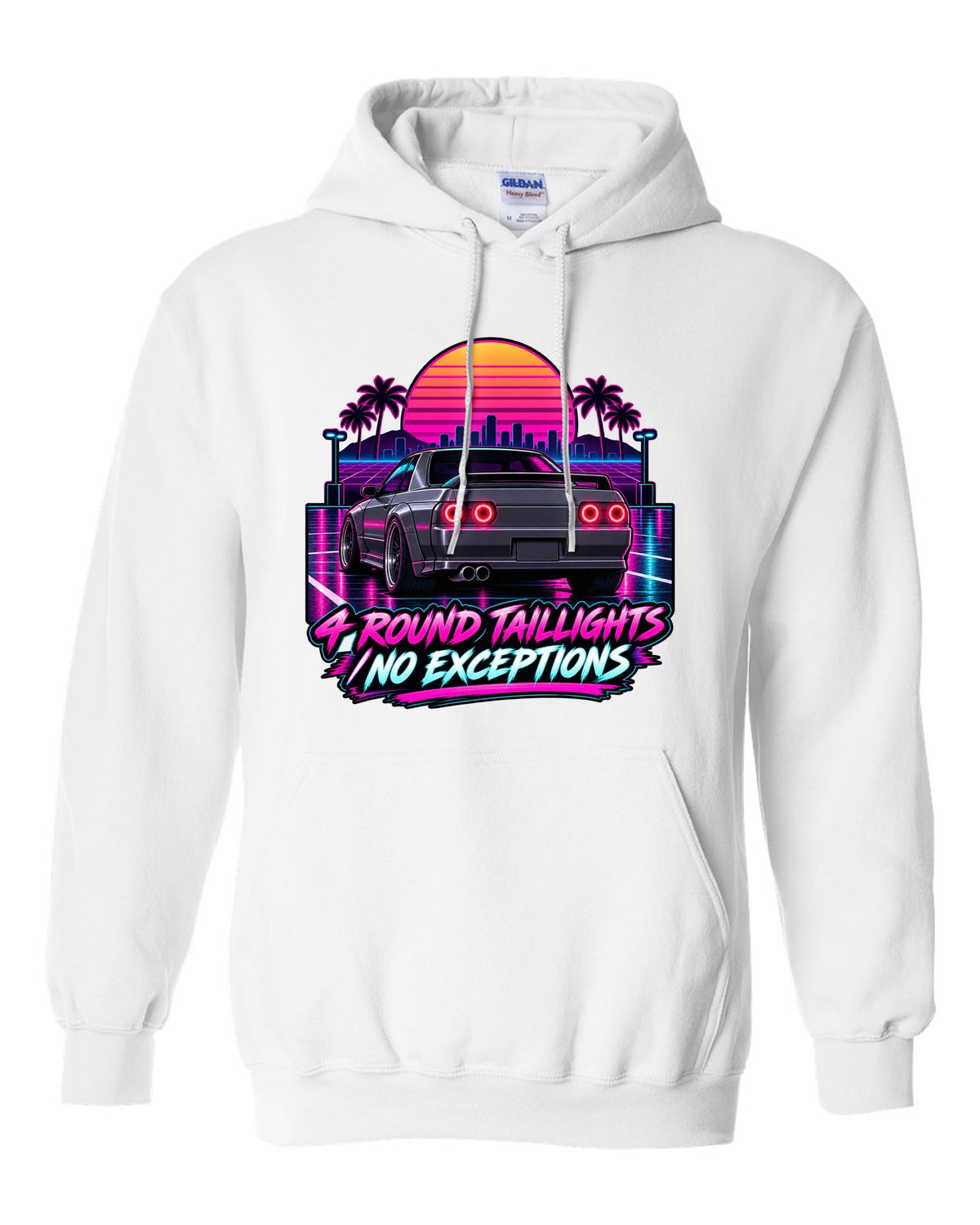 Neon synthwave print of a Nissan Skyline GT-R R32 BNR32 rear with four round taillights white pull over hoodie front view with the design
