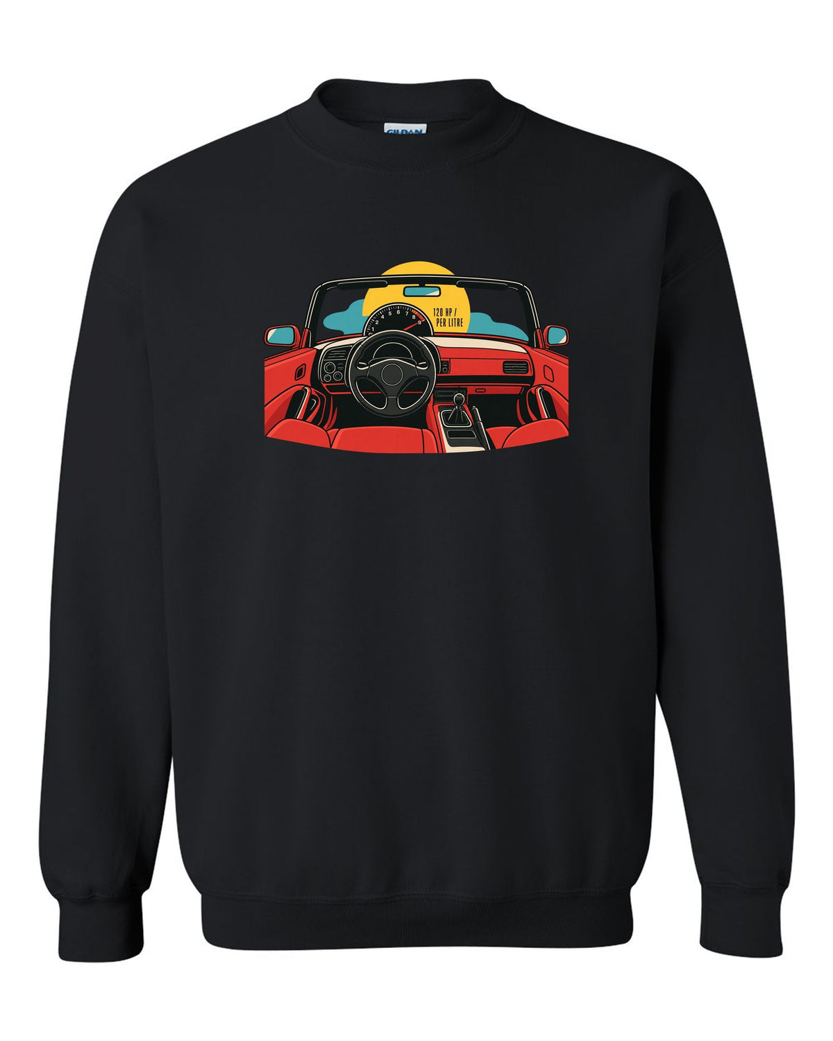 Minimal single-line contour art of a Honda S2000 AP1 with 120 HP per litre text black crewneck front view with the design
