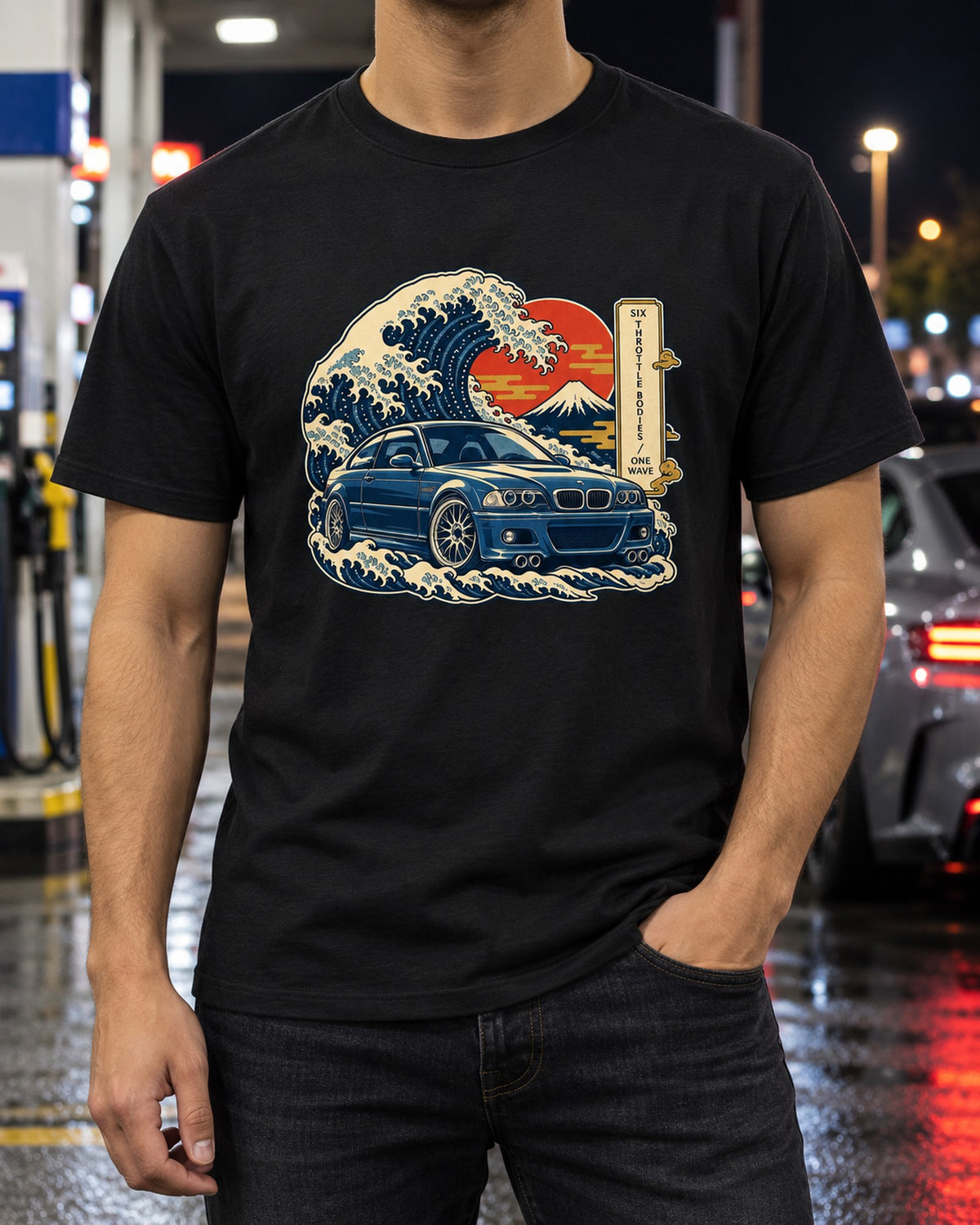 BMW E46 M3 Straight Six Woodblock Wave Shirt T-Shirt Black worn hero