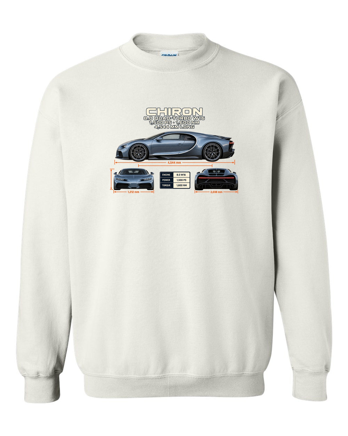 Three-view drawing and spec table of a Bugatti Chiron on the front of a tee white crewneck front view with the design