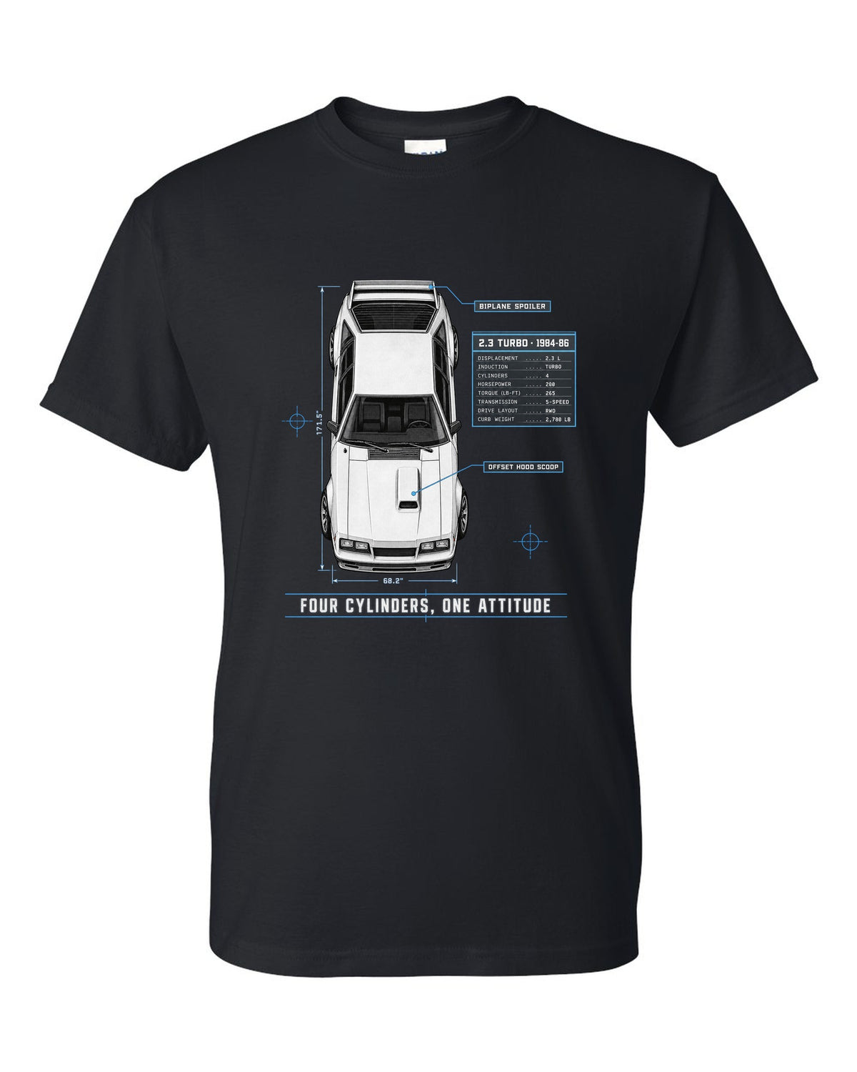 Spec poster print of a 1984-86 Fox Body Mustang 2.3 turbo chback black t-shirt front view with the design