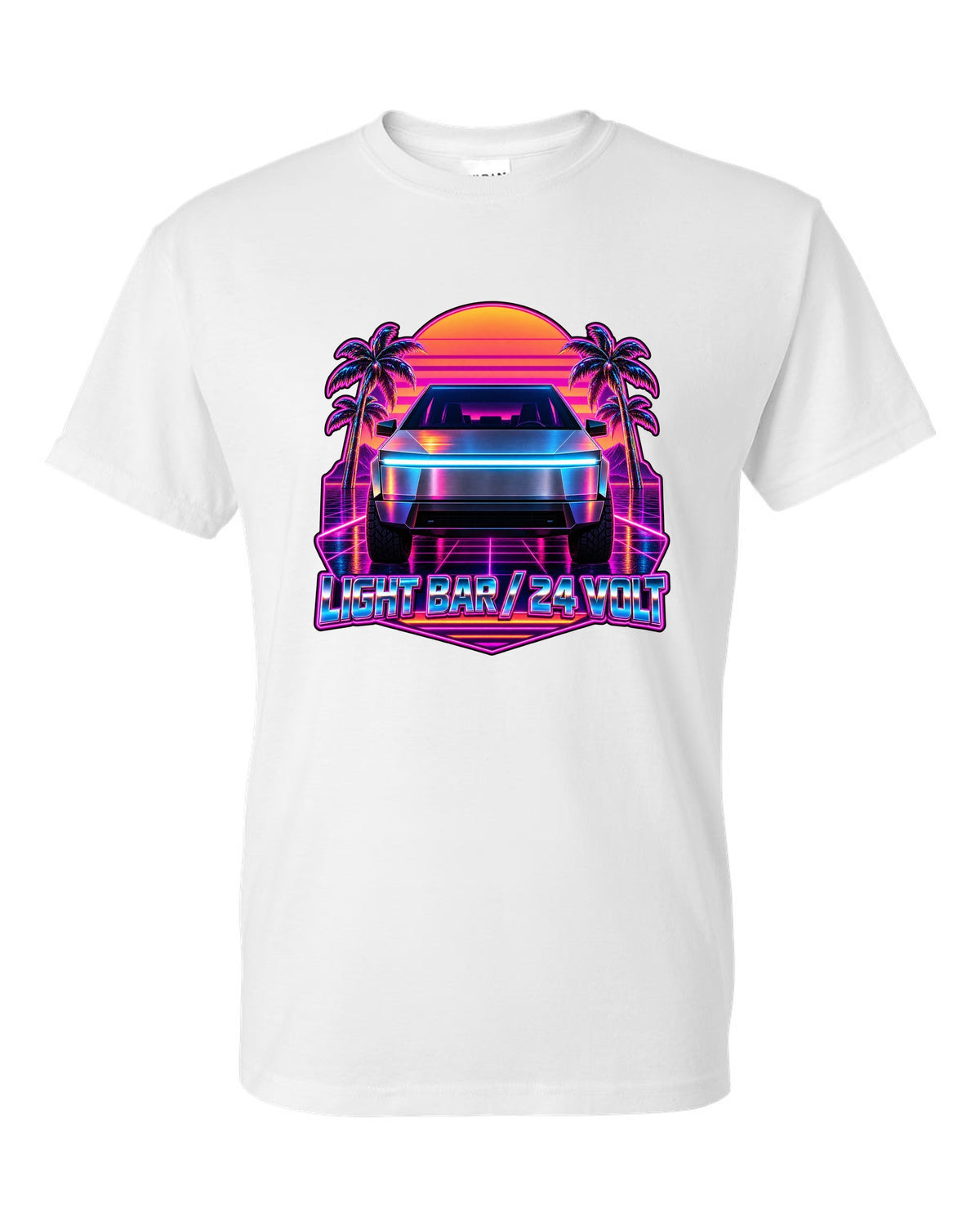 Neon synthwave outrun scene of a 2023 Tesla Cybertruck with the words Light Bar 24 Volt white t-shirt front view with the design