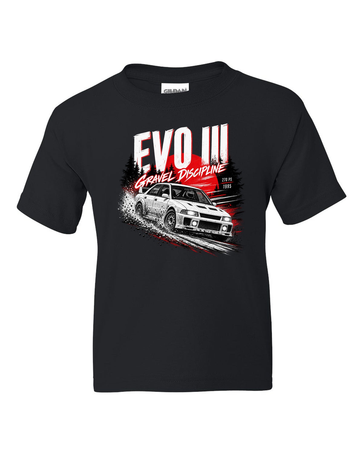 Night gravel road print for the Mitsubishi Lancer Evolution III CE9A reading Gravel Discipline, 270 PS, 1995 black kids tee front view with the design