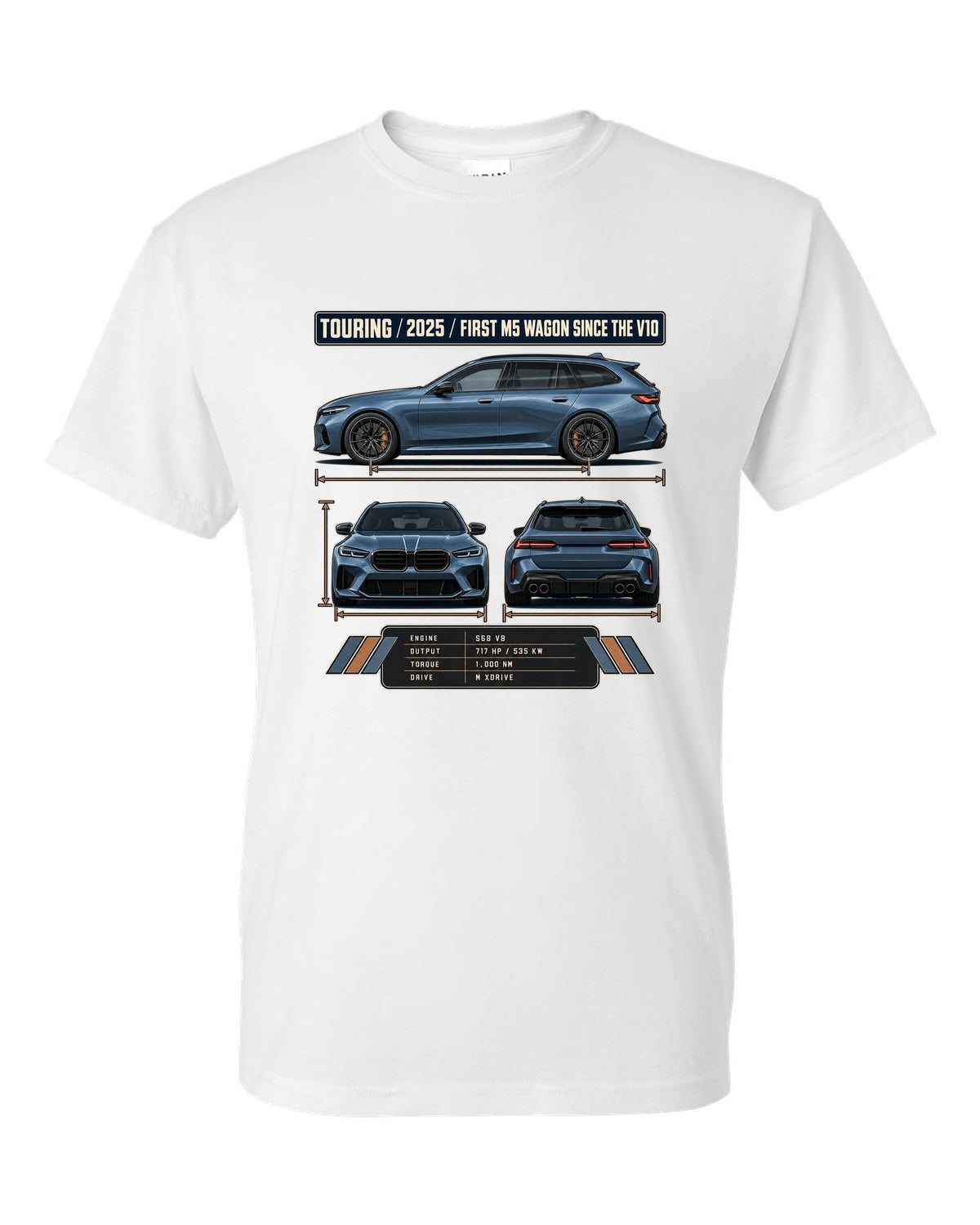 BMW M5 G90 Touring three-view drawing with spec table and first M5 wagon since the V10 text white t-shirt front view with the design