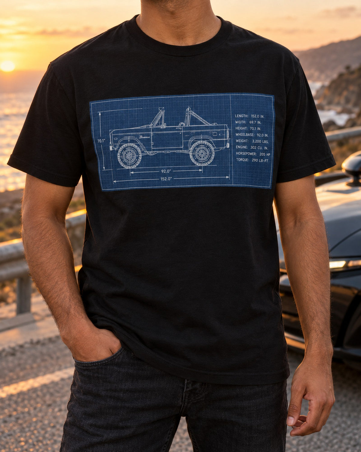 1966 Ford Bronco U13 Roadster Dawn Trailhead Blueprint Shirt T-Shirt Black worn hero