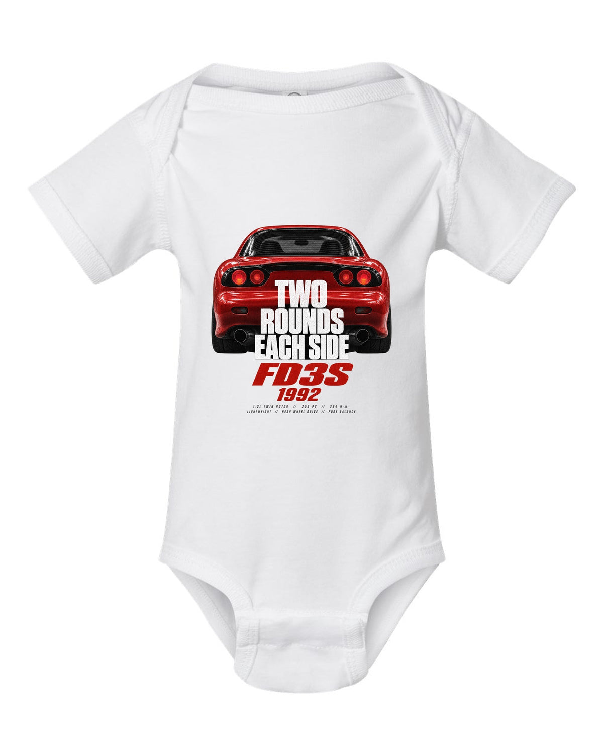 Taillight macro print of a Mazda RX-7 FD3S with round lamps white baby onesie front view with the design