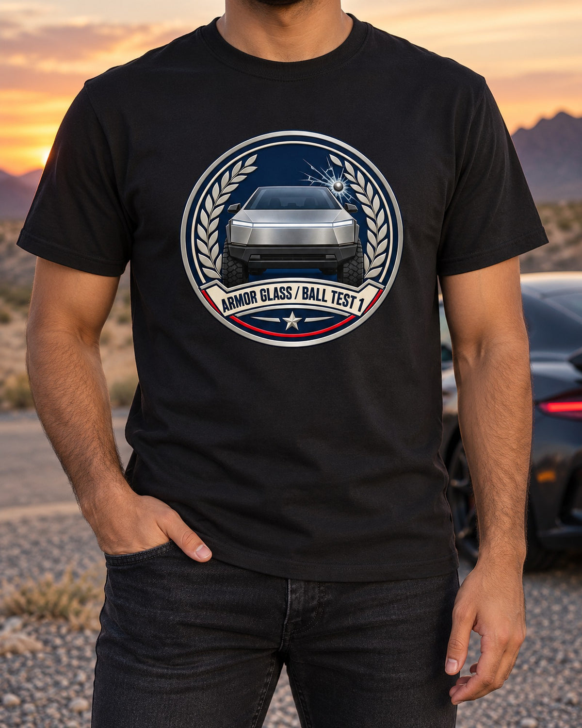 Tesla Cybertruck Armor Glass Round Crest Shirt, EV Truck Gift T-Shirt Black worn hero