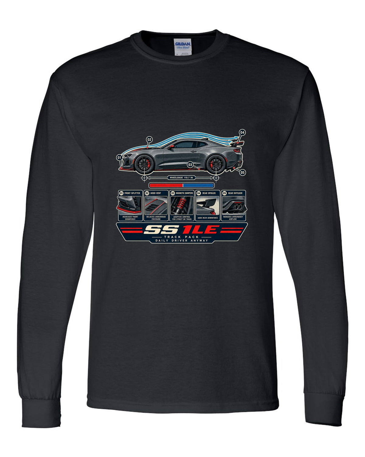 Airflow cutaway print of a 6th generation Chevrolet Camaro SS 1LE black long sleeve front view with the design