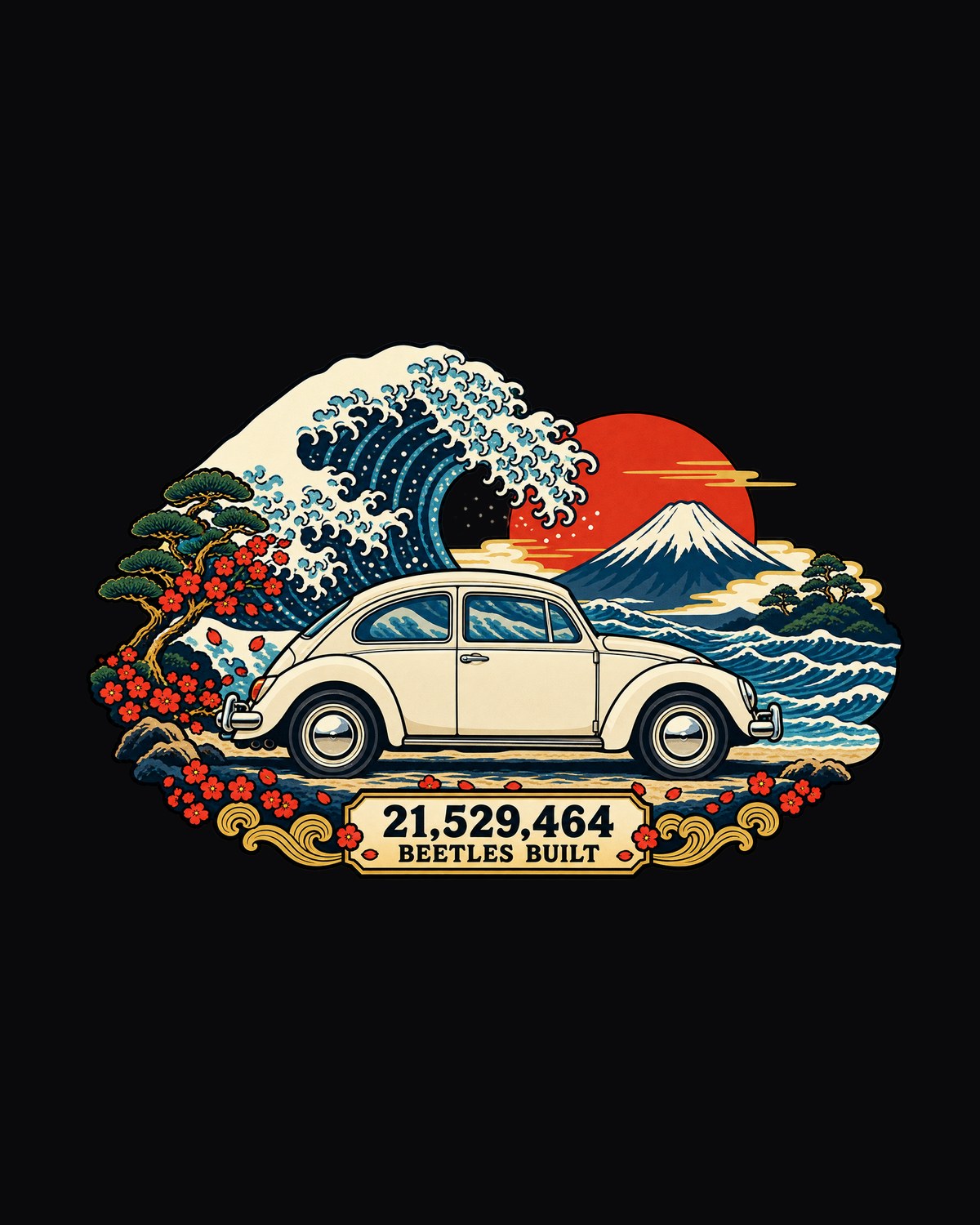 VW Beetle Type 1 Ukiyo-e Wave Print, 21,529,464 Built Shirt design only