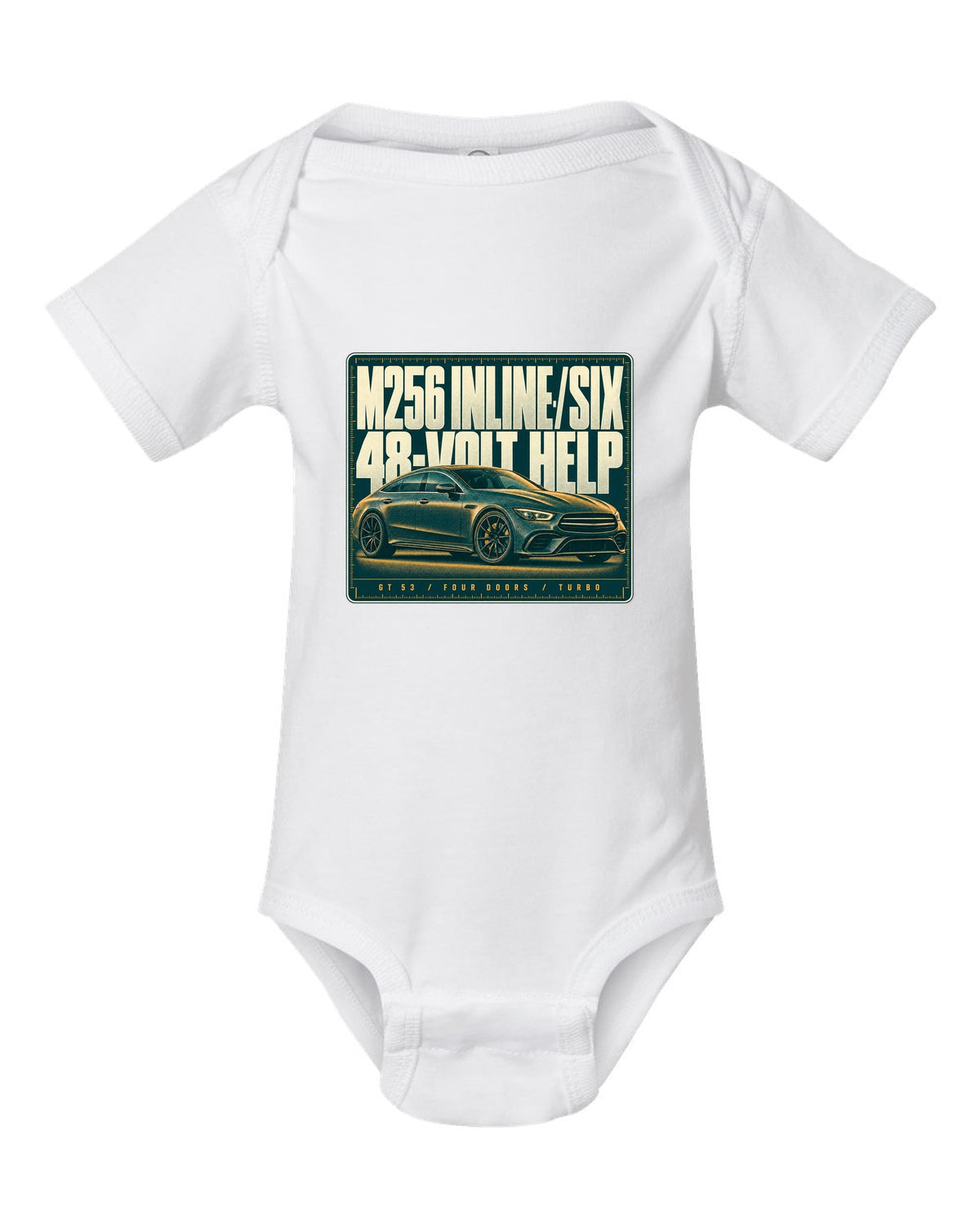 Mercedes-AMG GT 53 4-Door X290 teal and amber halftone print white baby onesie front view with the design