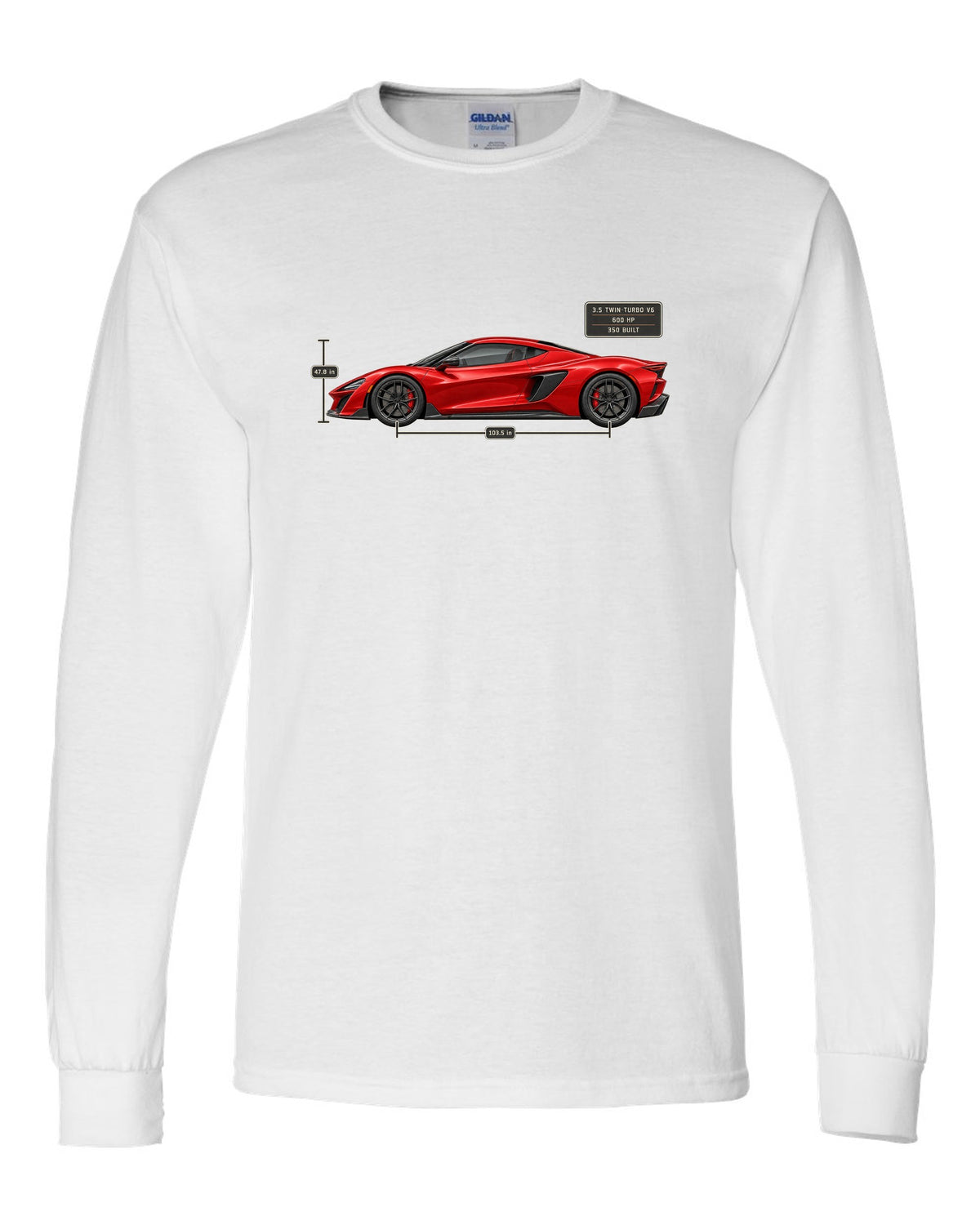Acura NSX NC1 Type S Side Dimension Blueprint Tee, Car Gift white long sleeve front view with the design