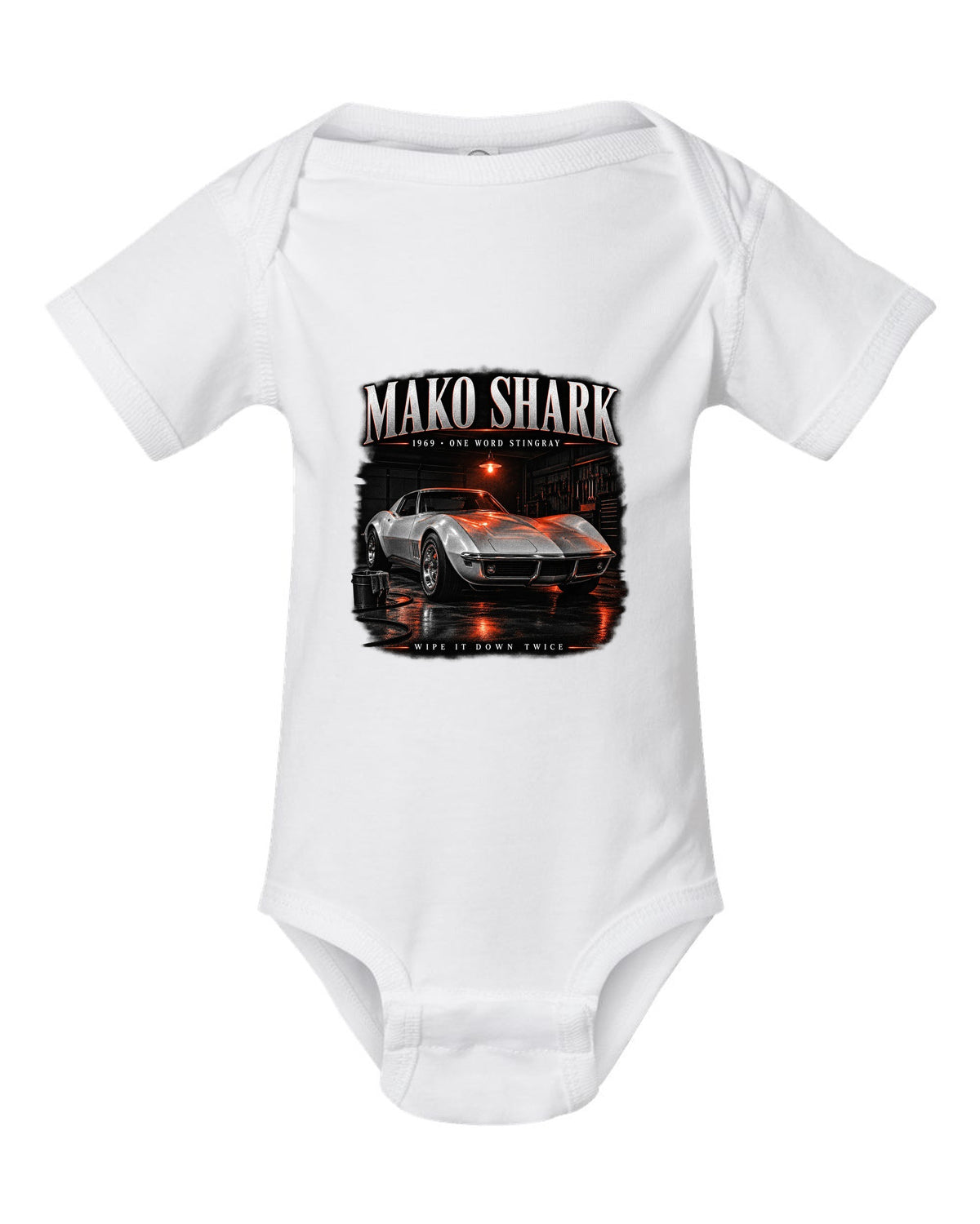 Chevrolet Corvette C3 Stingray 1969 coupe garage night print Mako Shark white baby onesie front view with the design
