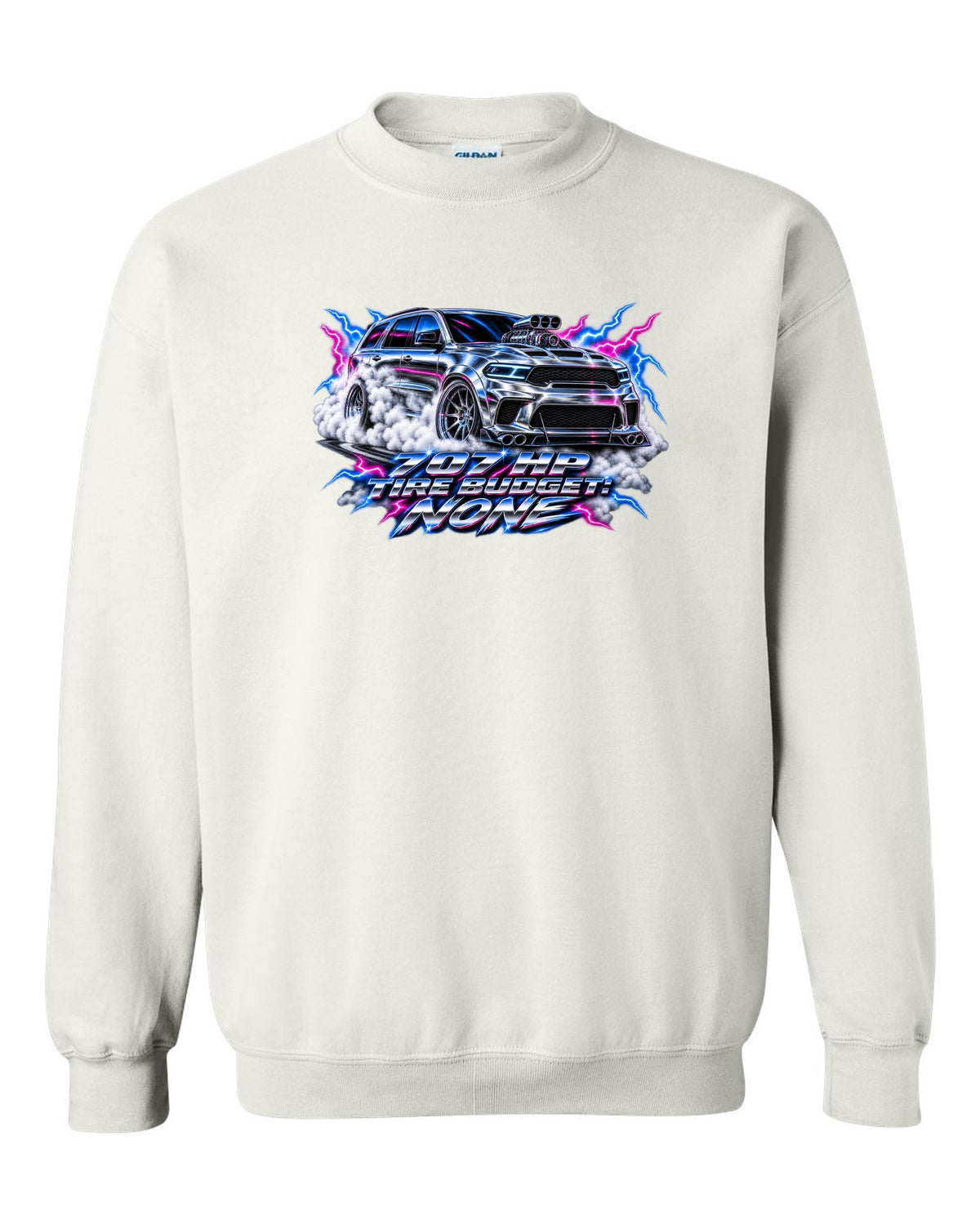 80s airbrush chrome print of a Jeep Grand Cherokee WK2 Trackhawk with 707 HP text white crewneck front view with the design