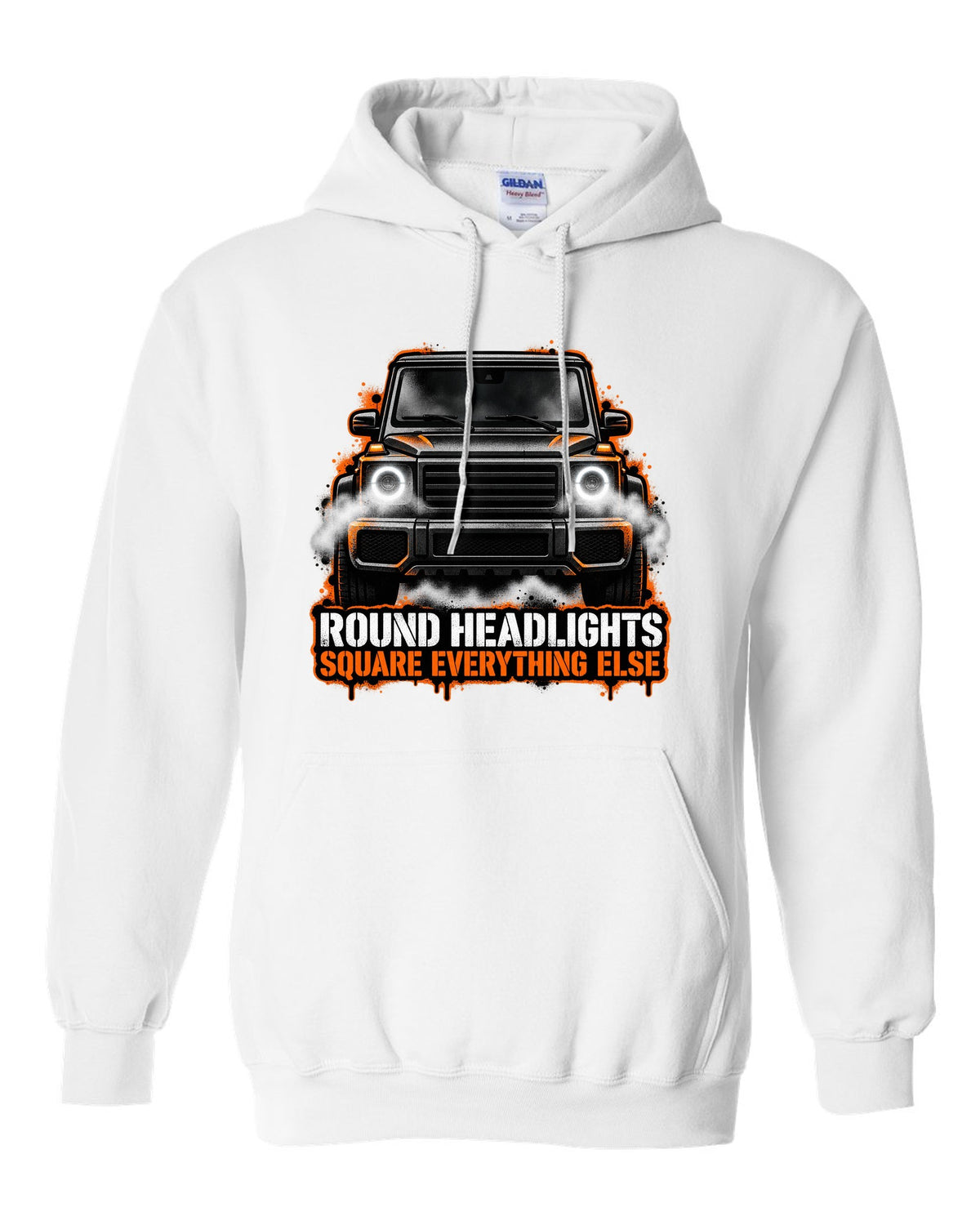 Sticker-bomb collage graphic with the word Clunk for a Mercedes G-Class W463, print white pull over hoodie front view with the design