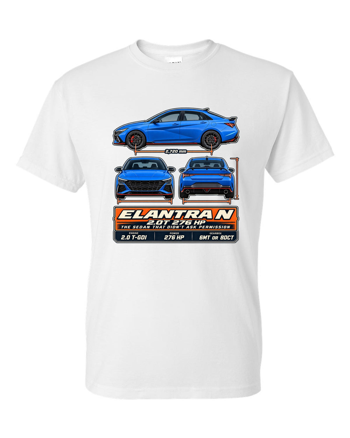 Hyundai Elantra N CN7 three-view drawing with spec table, print white t-shirt front view with the design