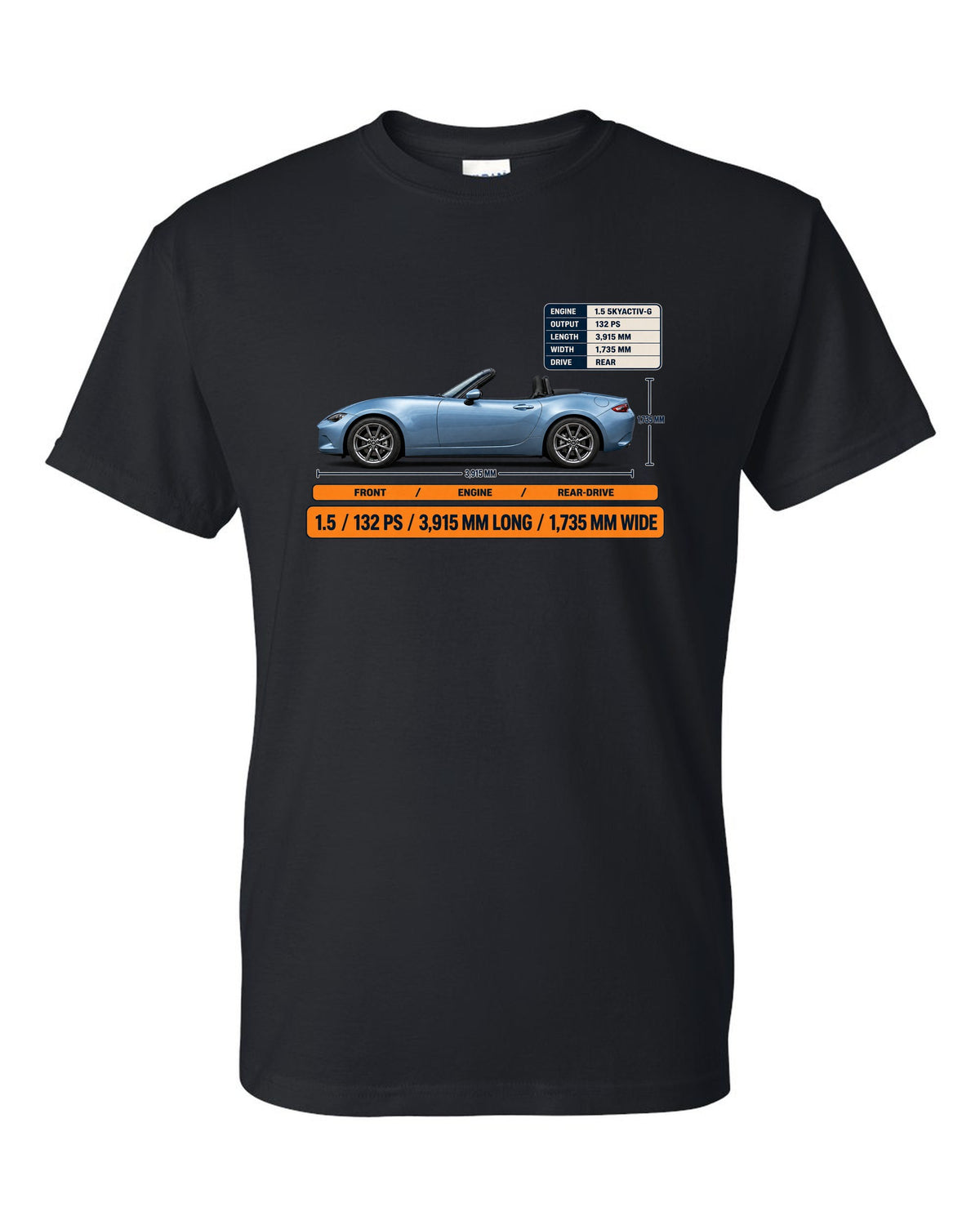 Mazda MX-5 ND 1.5 SKYACTIV-G spec poster print showing power and dimensions black t-shirt front view with the design