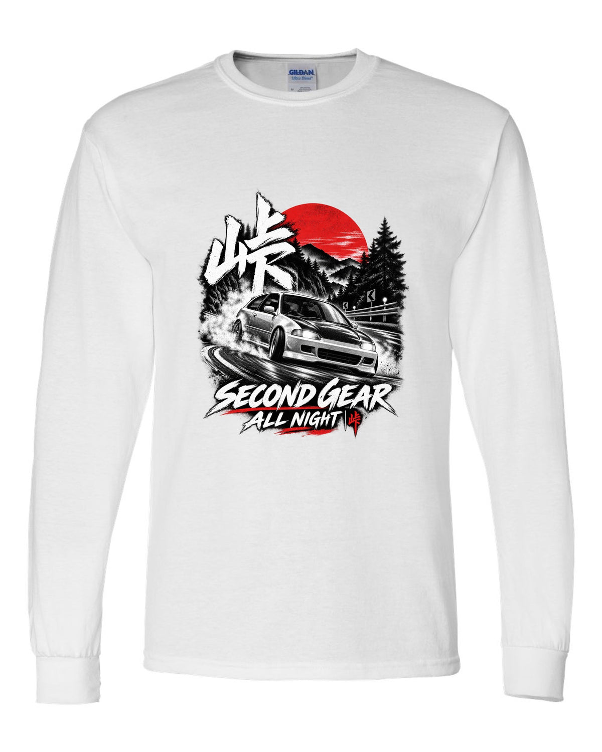 Touge night print of a 1992 Honda Civic EG6 SiR chback with second gear text white long sleeve front view with the design