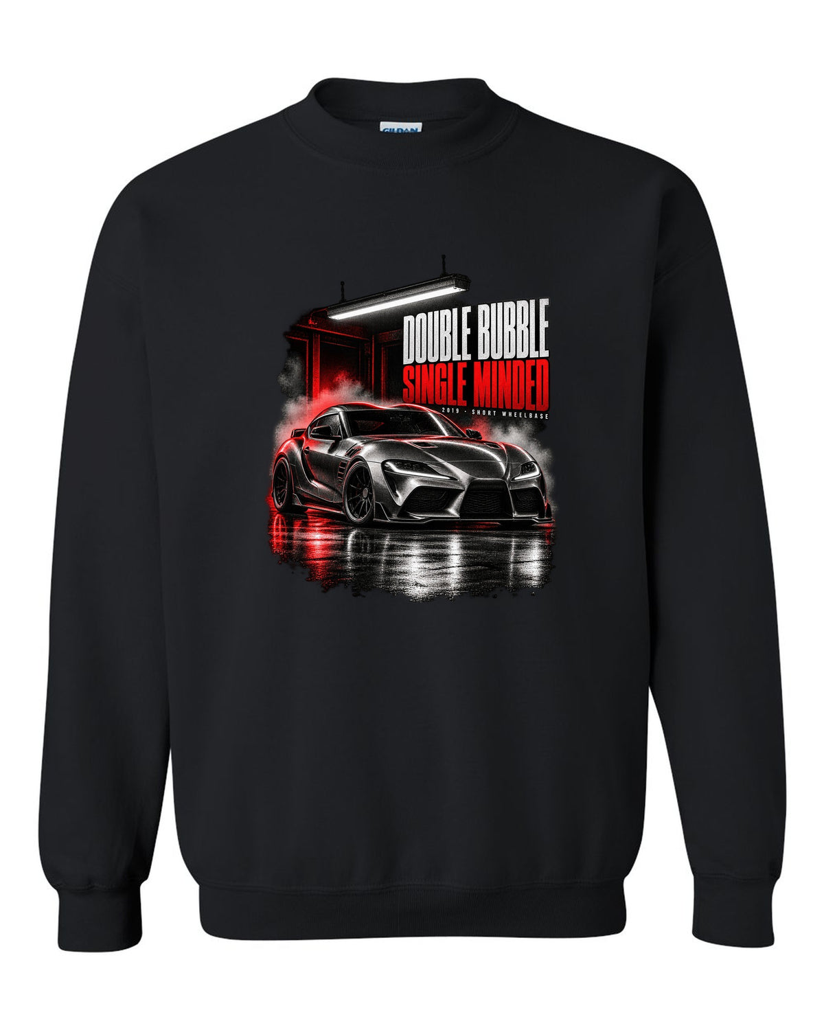 Garage night print of a Toyota GR Supra A90 with the text Double Bubble Single Minded black crewneck front view with the design