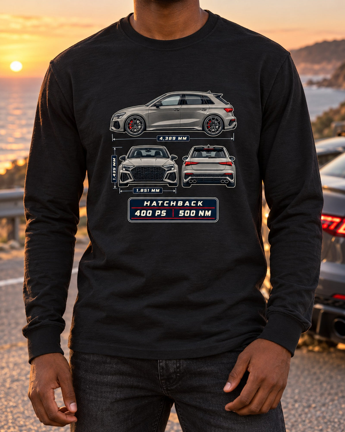 Audi RS3 8Y Sportback Three-View Spec Table Car Shirt Long Sleeve Black worn hero