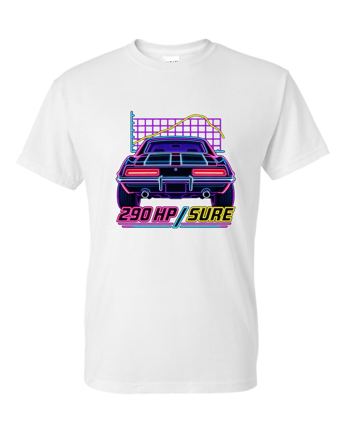Neon synthwave outline of a 1969 Chevrolet Camaro Z/28 taillights with 290 HP lettering white t-shirt front view with the design