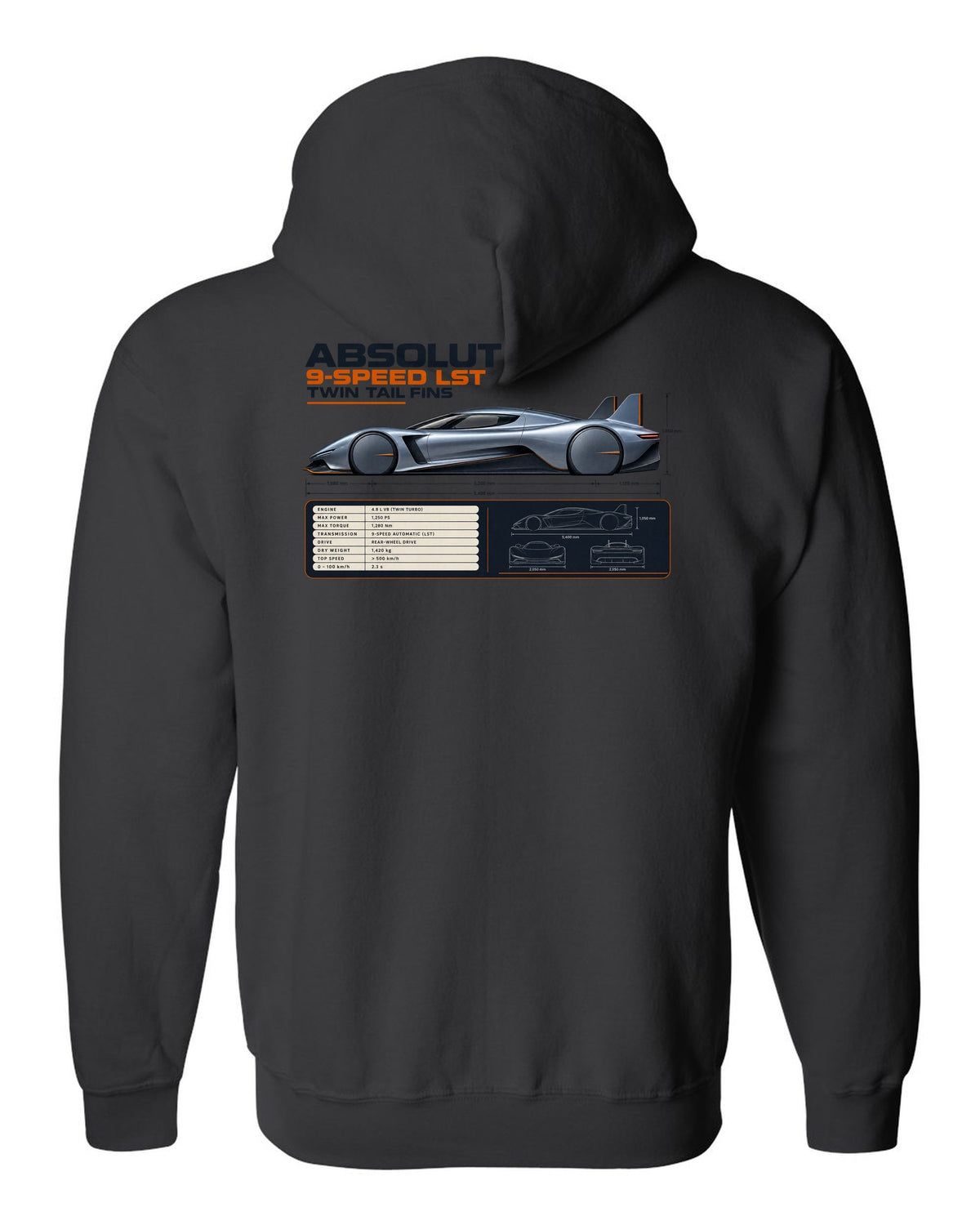 Koenigsegg Jesko Absolut Side Profile Spec Poster black zip hoodie back view with the design