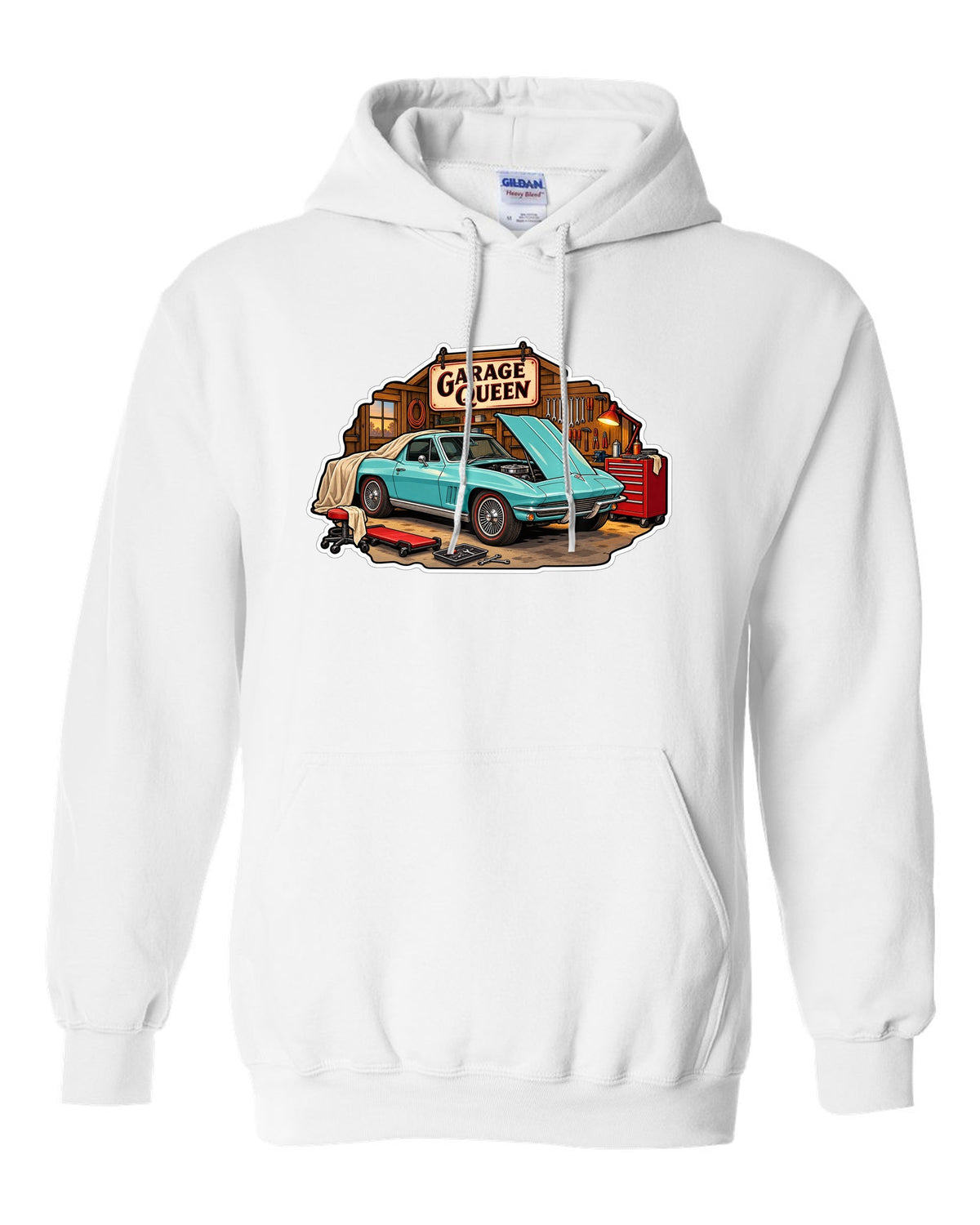 Sticker-bomb collage print of a 1966 Chevrolet Corvette C2 Sting Ray coupe with Garage Queen lettering white pull over hoodie front view with the design