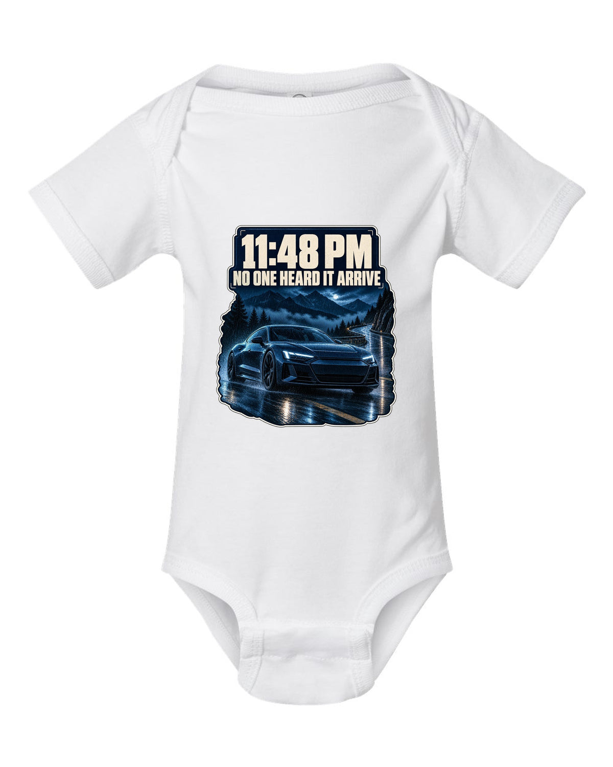 Audi RS e-tron GT on a wet night street blue monochrome print design white baby onesie front view with the design