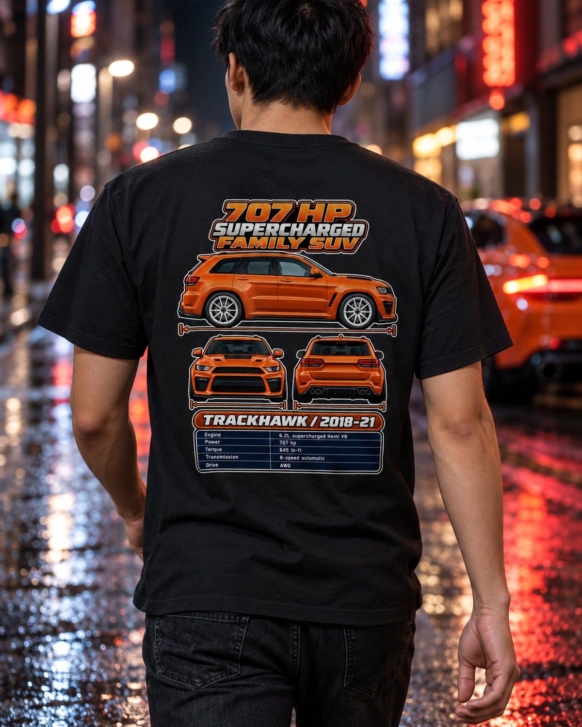 Jeep Grand Cherokee Trackhawk Spec Sheet Full-Back Graphic Tee T-Shirt Black worn hero