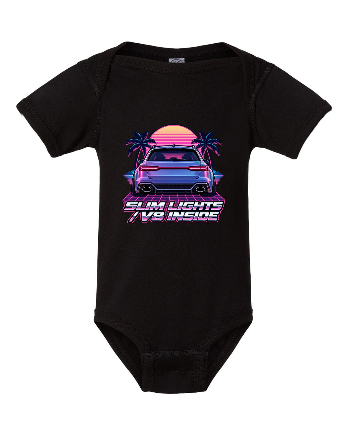 Pastel vaporwave design of the Audi RS6 Avant C7 4G with slim lights V8 inside lettering black baby onesie front view with the design