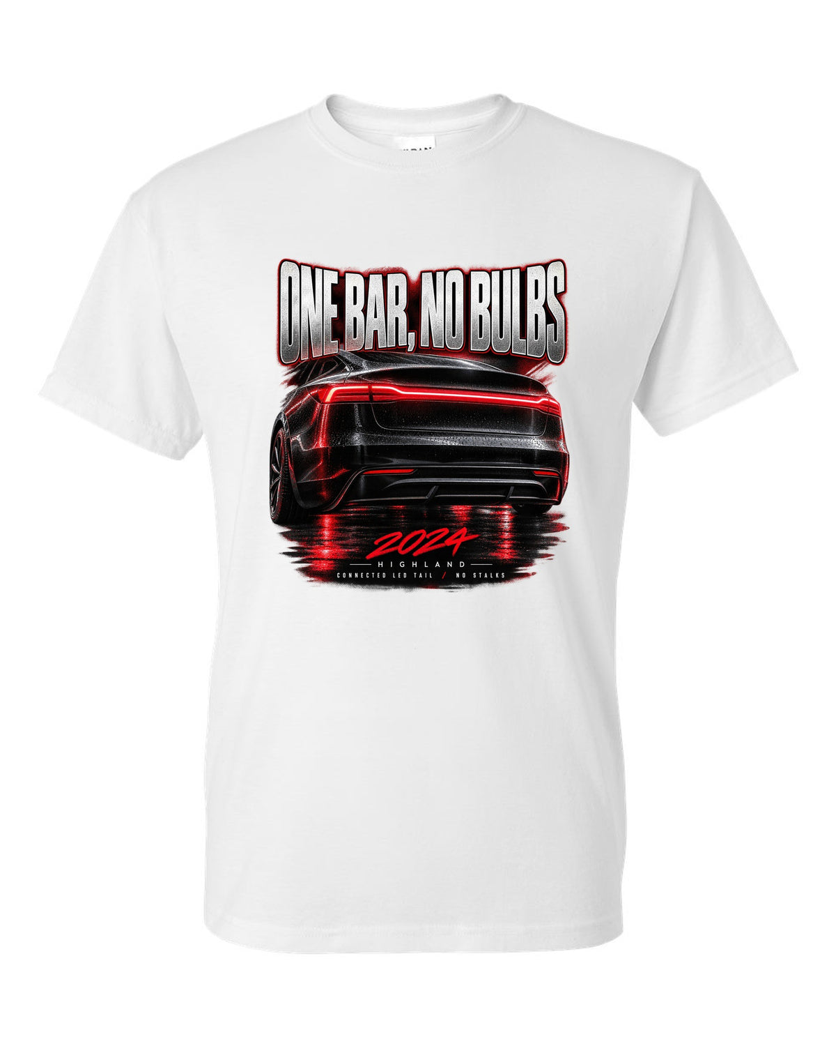 Taillight macro print of a 2024 Tesla Model 3 Highland connected LED tail white t-shirt front view with the design