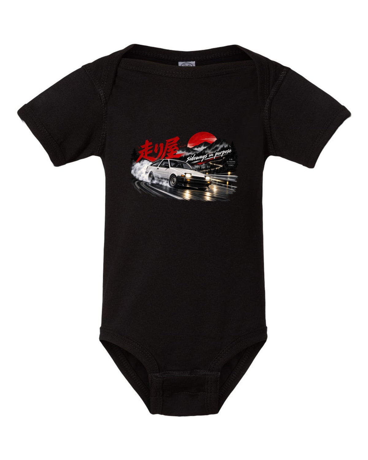 VW Golf Mk2 16V front three-quarter sliding at night with touge kanji black baby onesie front view with the design