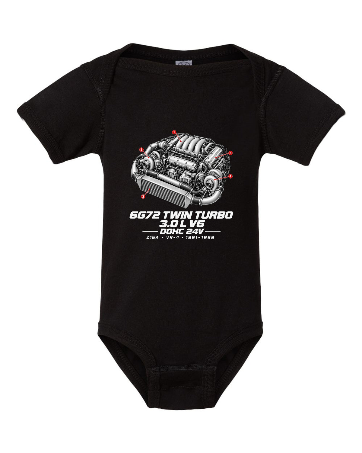 Mitsubishi 3000GT VR-4 Z16A engine bay with 6G72 twin turbo V6 specs black baby onesie front view with the design