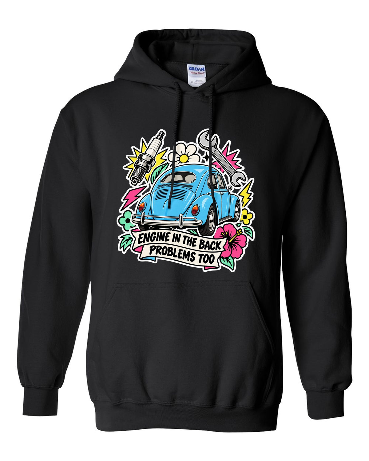 Sticker-bomb collage of a VW Beetle Type 1 with engine in the back lettering black pull over hoodie front view with the design