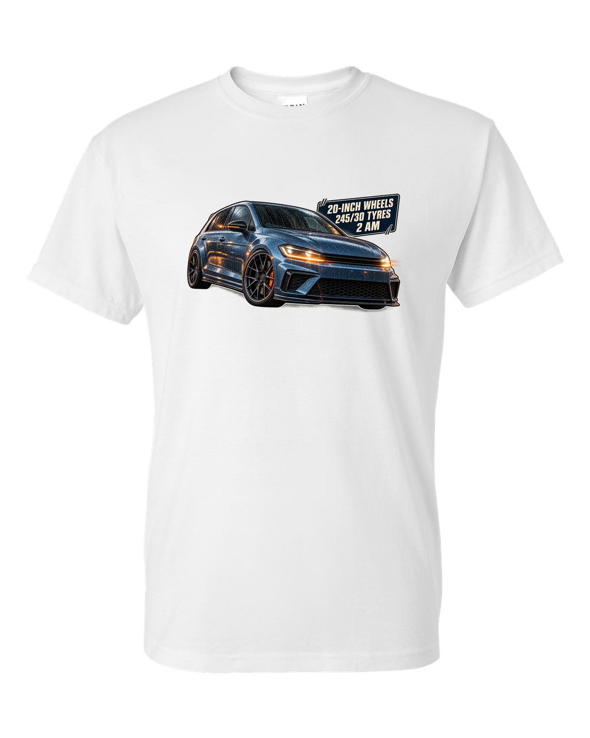 print of a Boost Blue Honda Civic Type R FK8 on a night touge road white t-shirt front view with the design