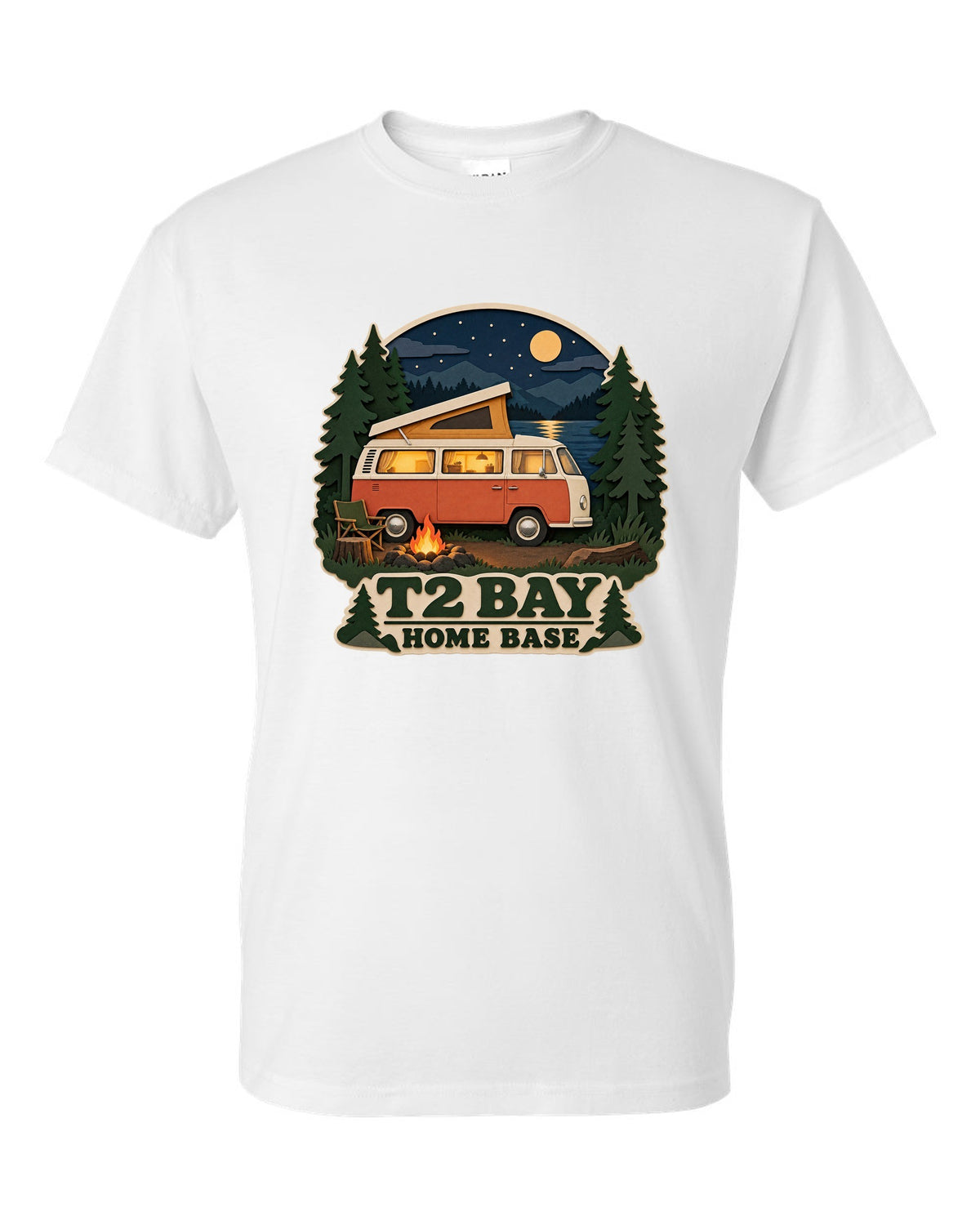 Layered paper-cutout shadow box print of a VW Bus T2 bay-window at a night camp white t-shirt front view with the design