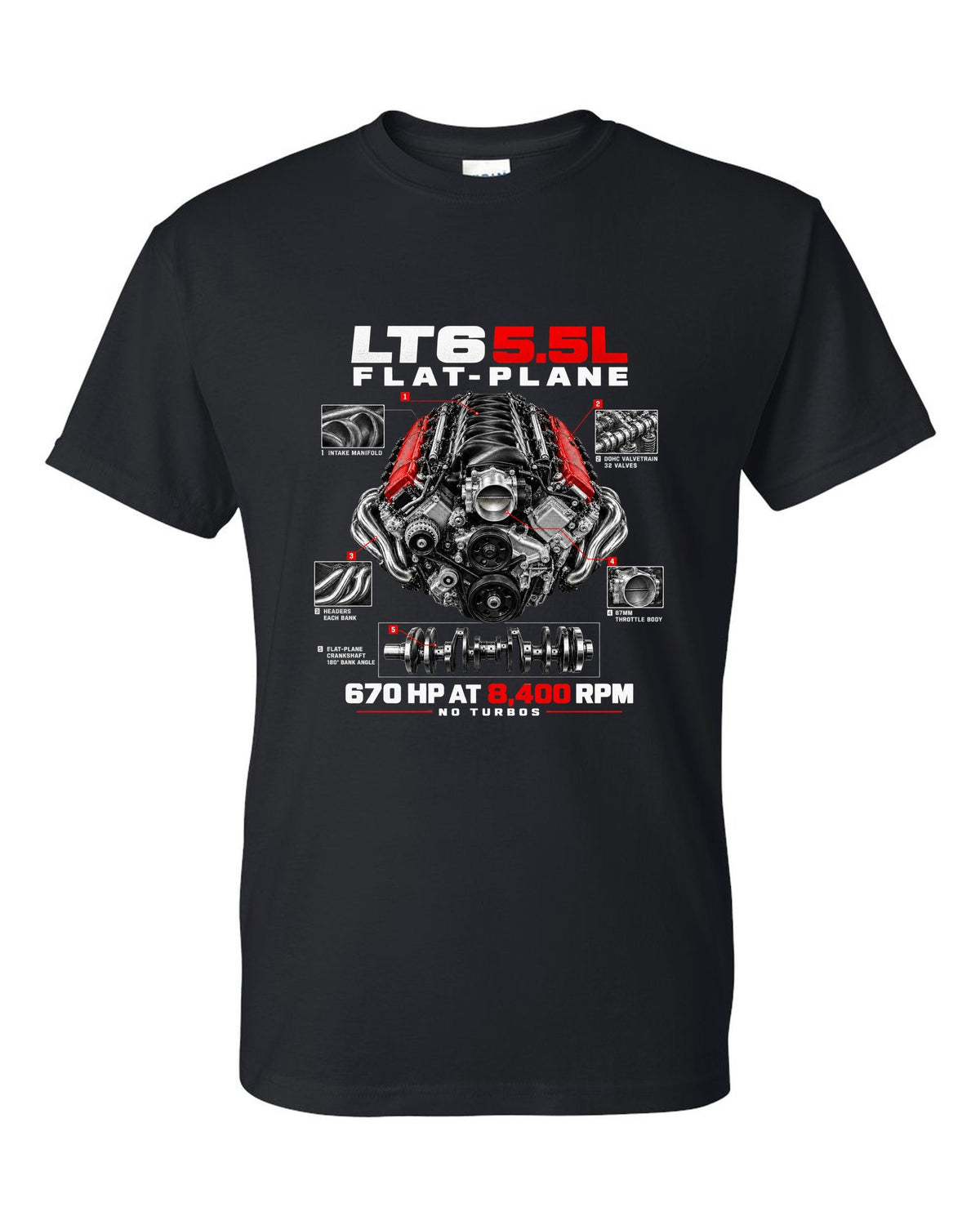 Corvette C8 Z06 LT6 5.5L flat-plane engine with central exhaust tips black t-shirt front view with the design