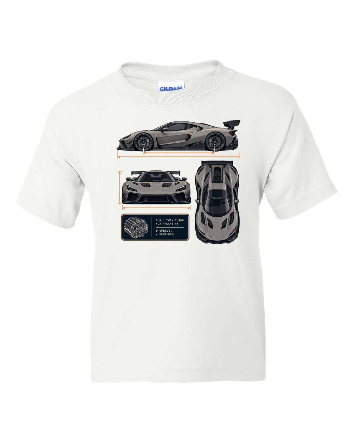 Three-view drawing and spec table of the Koenigsegg Jesko Attack, print white kids tee front view with the design