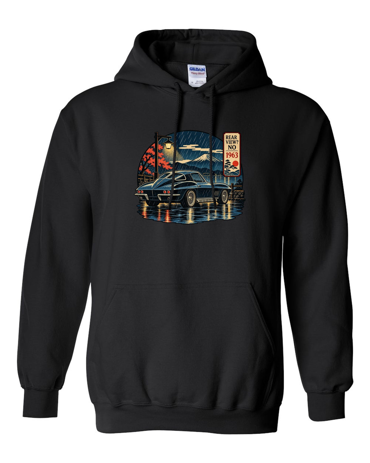 Ukiyo-e woodblock style print of a 1963 Chevrolet Corvette C2 Sting Ray coupe on a rainy night black pull over hoodie front view with the design
