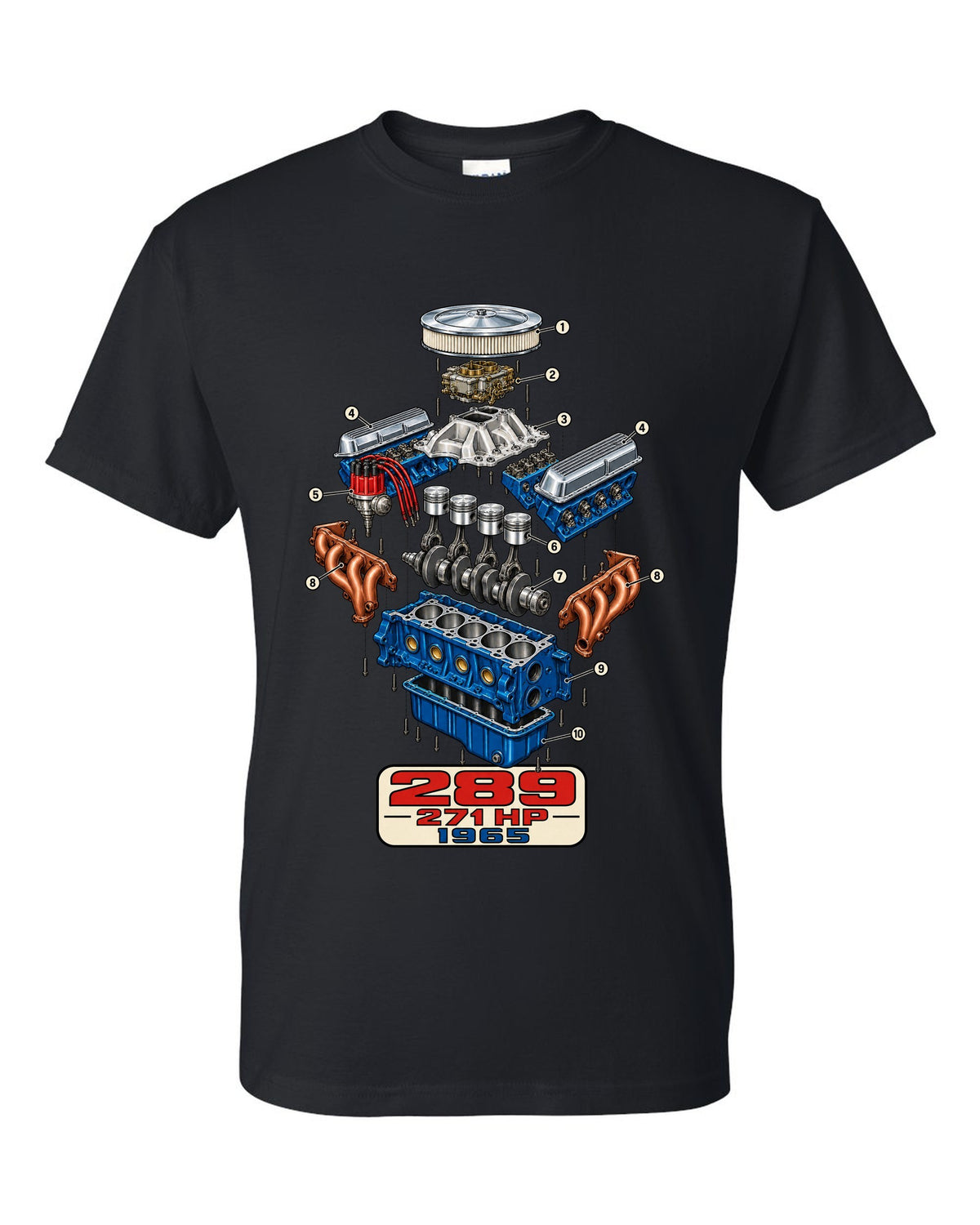Cutaway exploded engine view print of a 1965 Ford Mustang 289 V8 black t-shirt front view with the design