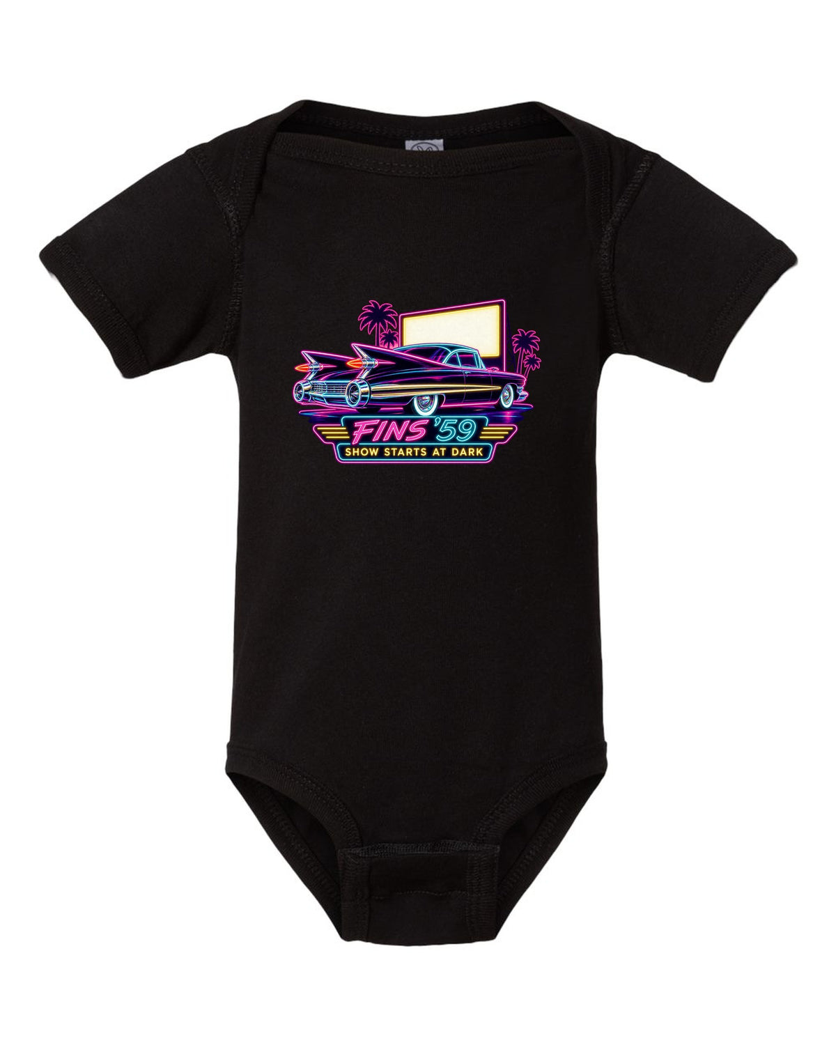 1959 Cadillac Coupe de Ville under neon sign glow at a night drive-in black baby onesie front view with the design