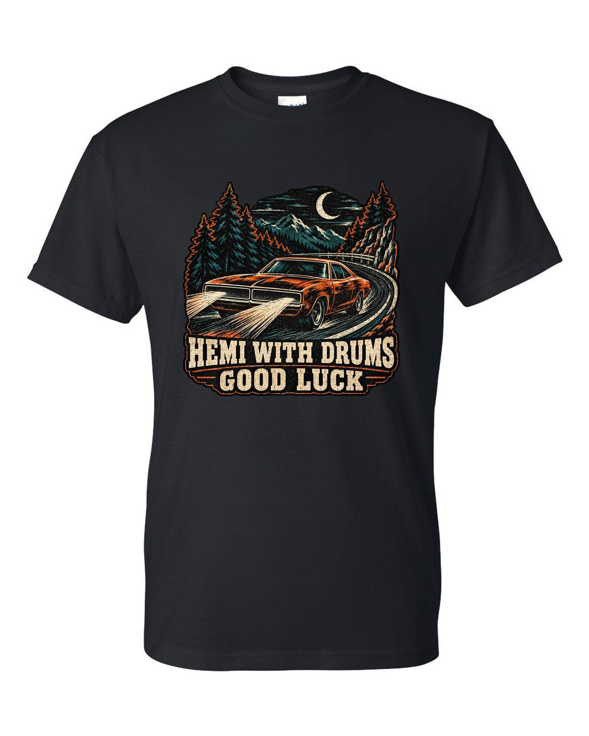 1968 Dodge Charger R/T multi-ink woodcut linocut print with Hemi With Drums Good Luck text black t-shirt front view with the design