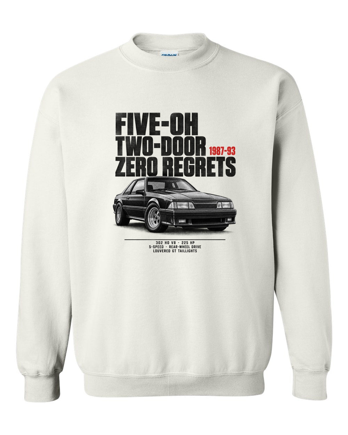 Halftone illustration of a Ford Mustang Fox body notchback with five-oh two-door lettering white crewneck front view with the design