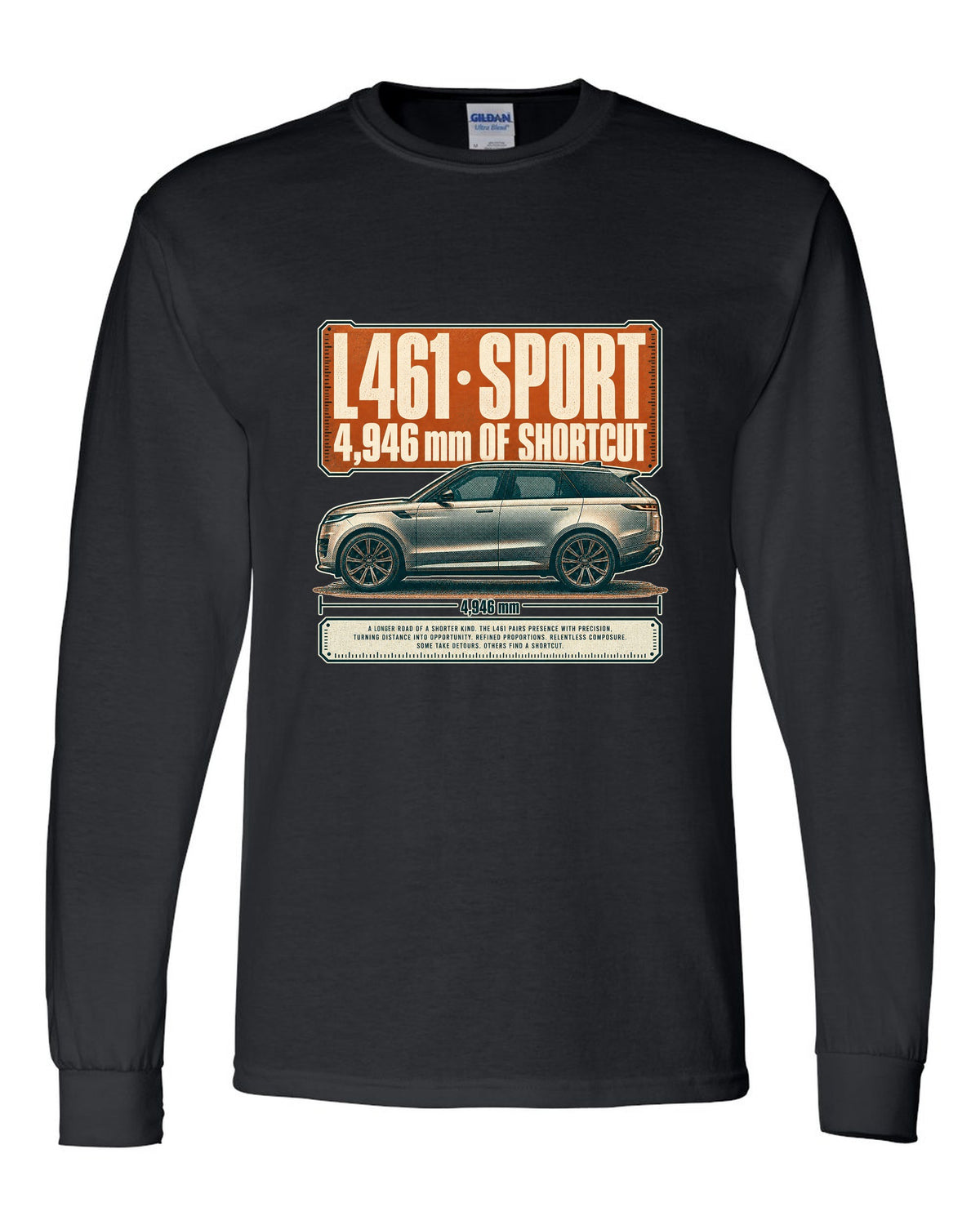 Halftone statement print of the Range Rover Sport L461 with length lettering black long sleeve front view with the design