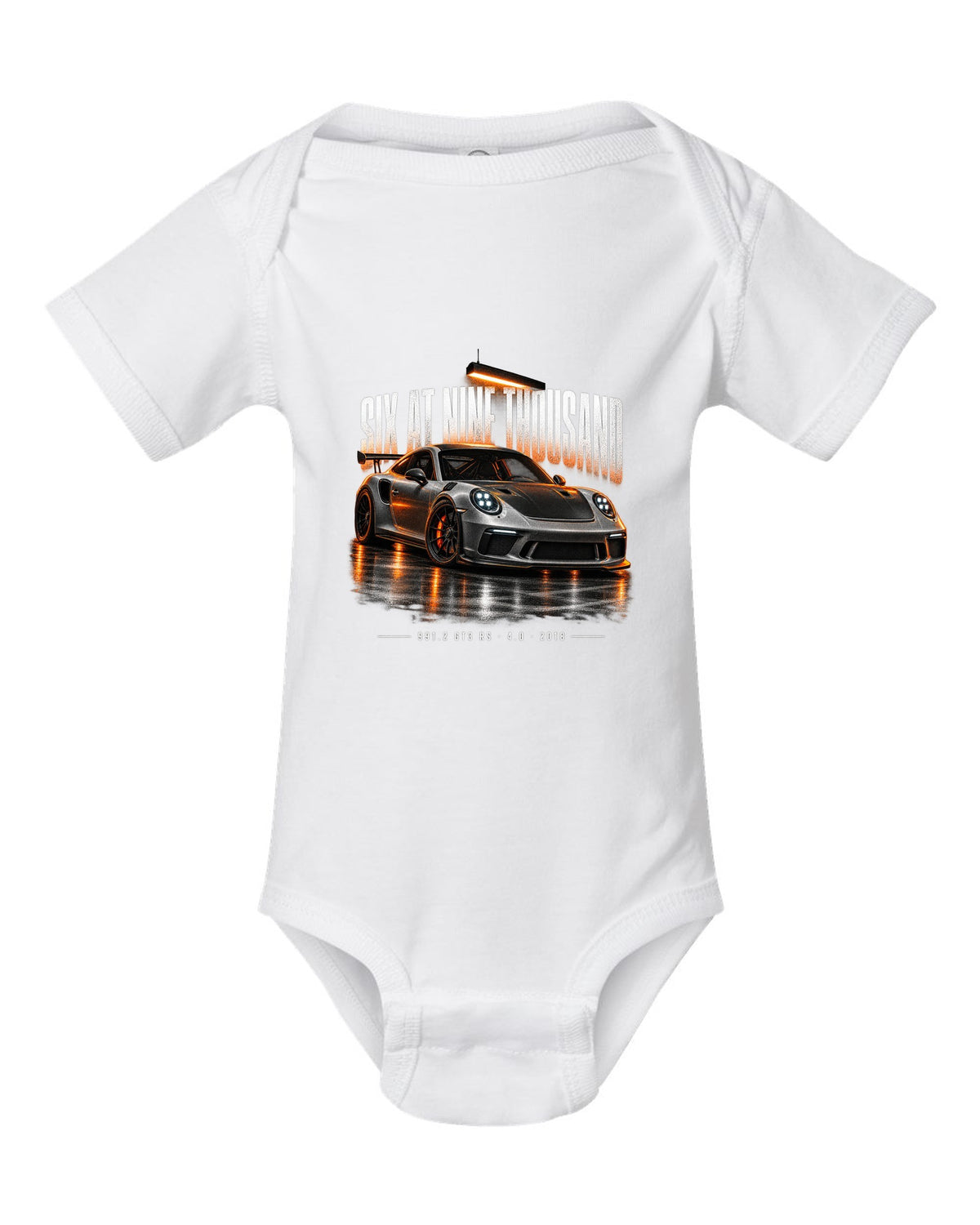 Garage night poster print of a 2018 Porsche 911 GT3 RS 991.2 white baby onesie front view with the design