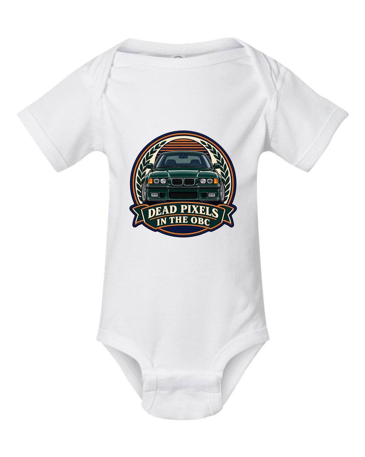 Varsity crest style print of a BMW E36 M3 coupe with dead pixels in the OBC text white baby onesie front view with the design