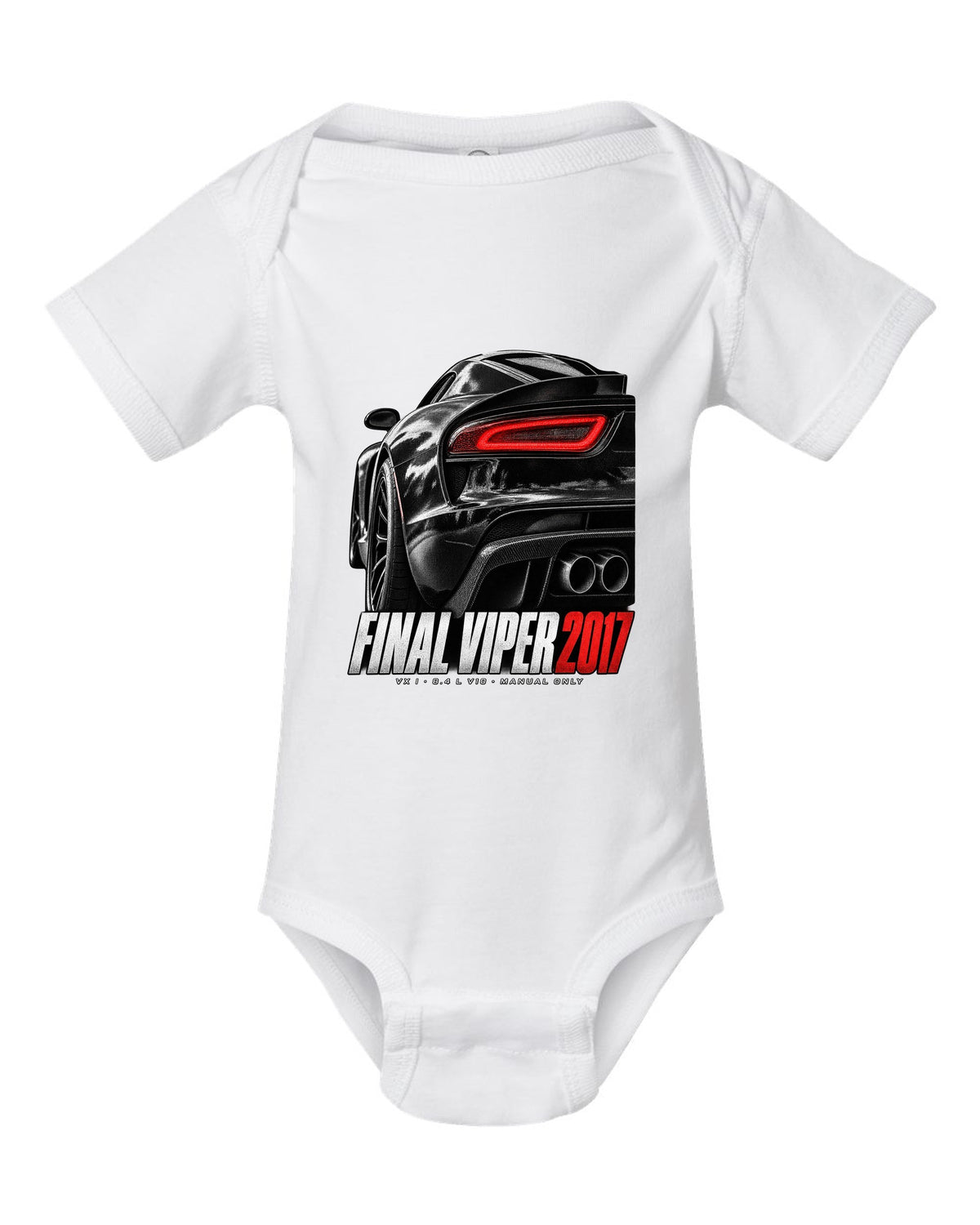 2014 Dodge Viper SRT VX I rear taillight macro print with Final Viper 2017 lettering white baby onesie front view with the design