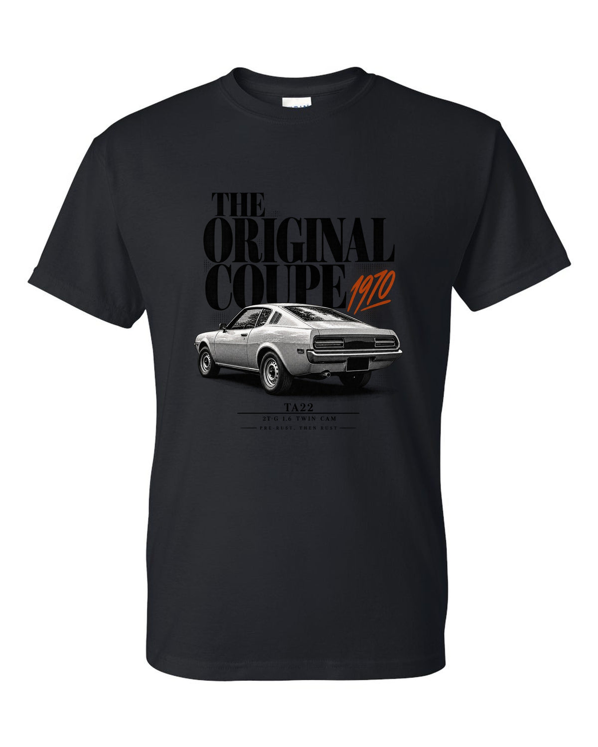 Editorial headline print of a Toyota Celica TA22 coupe with 2T-G 1.6 twin cam text black t-shirt front view with the design
